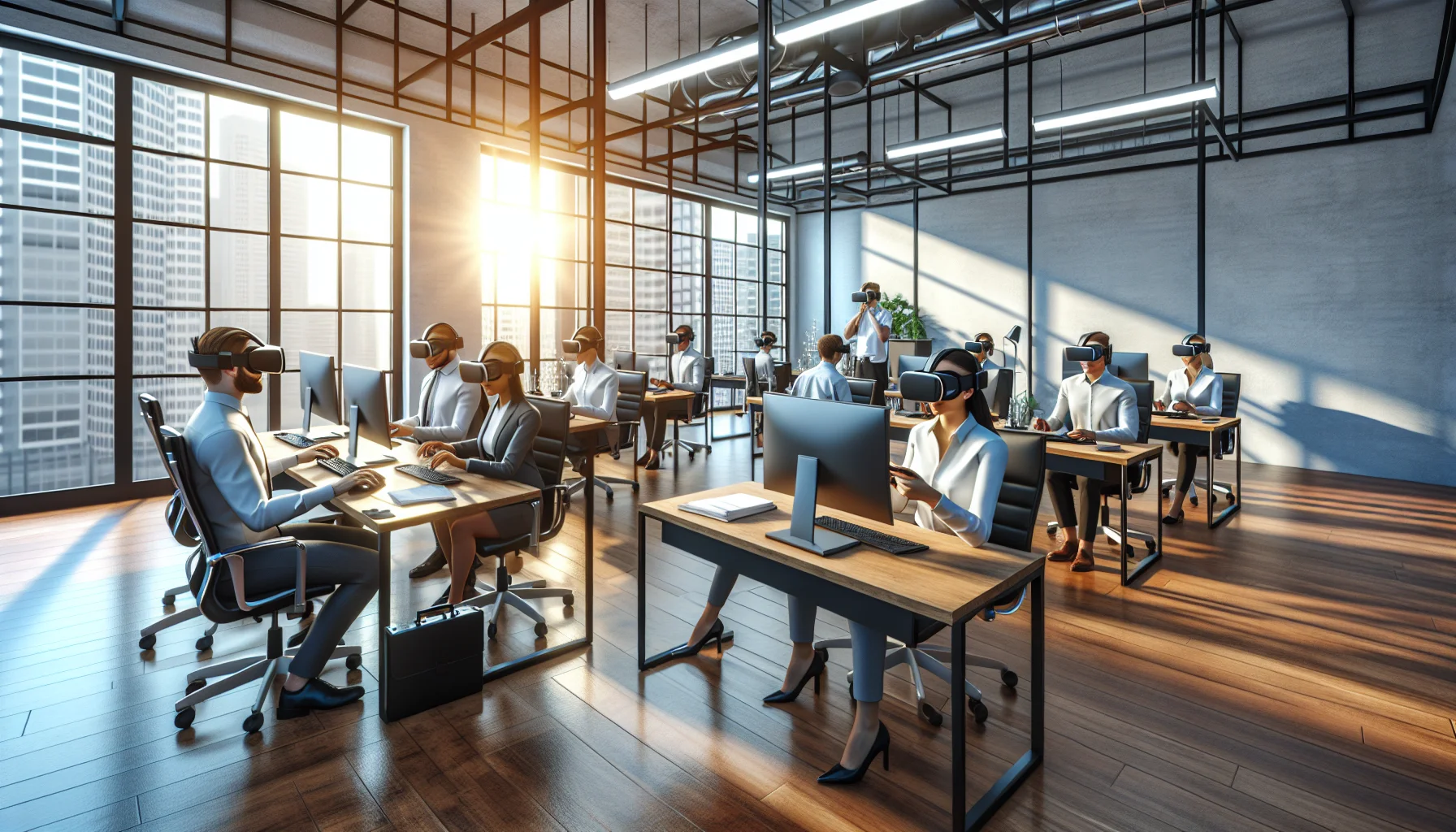 Small business team testing VR training pilot with headsets