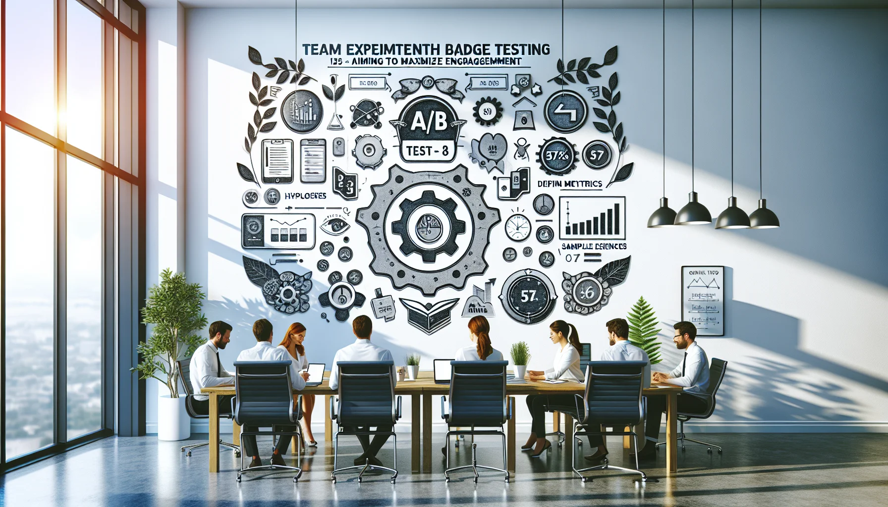 Product team reviewing A/B test badges results on laptop