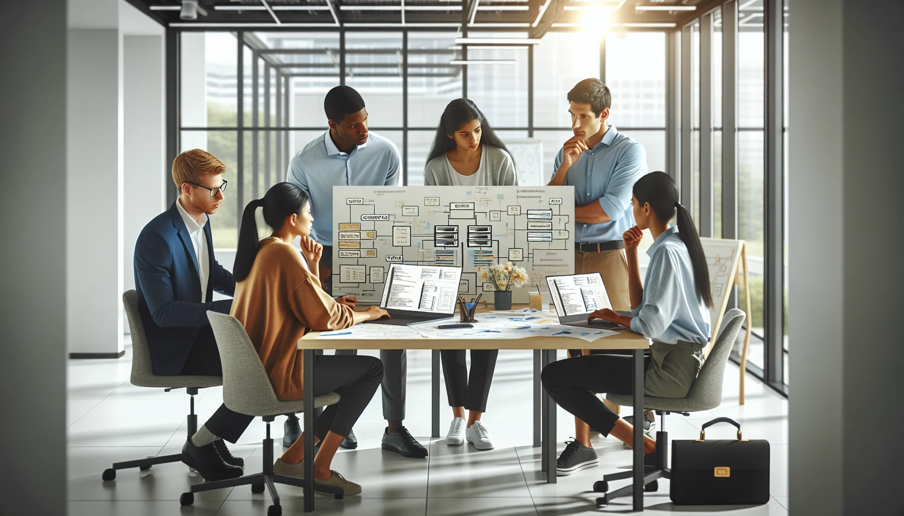 Engineers reviewing scalable back-end architecture diagrams for gamified learning