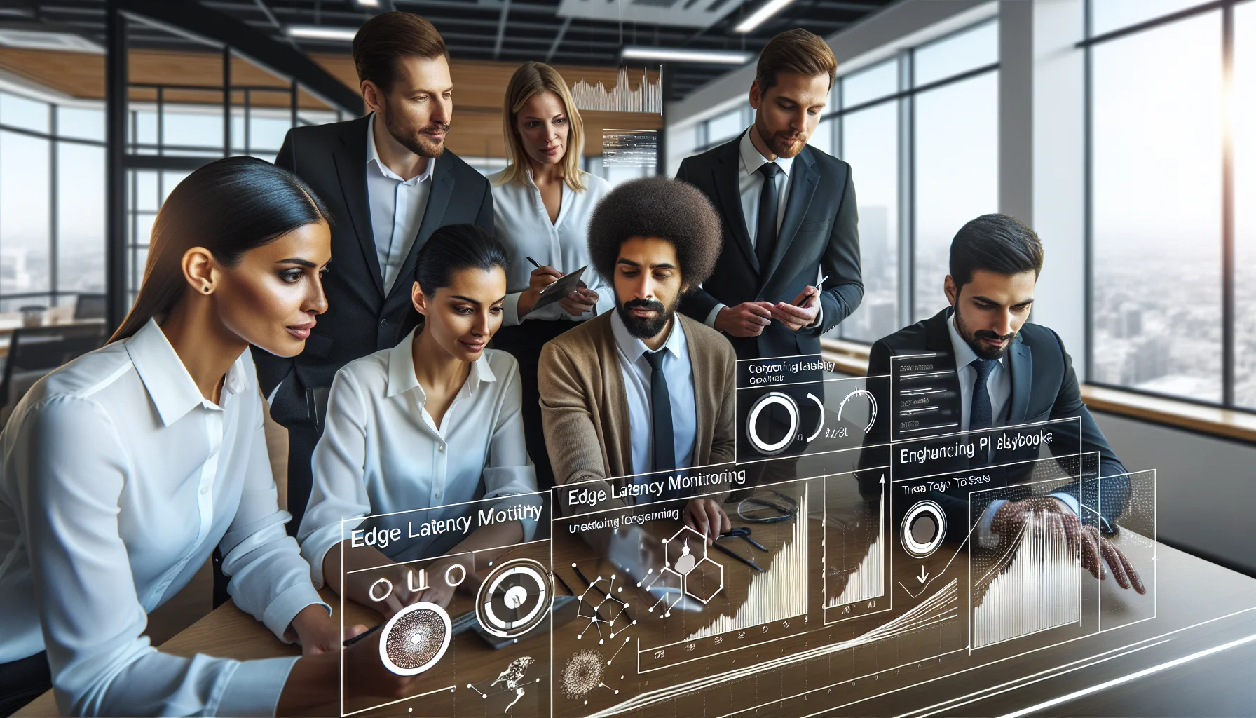 Engineers reviewing edge latency monitoring dashboard and metrics