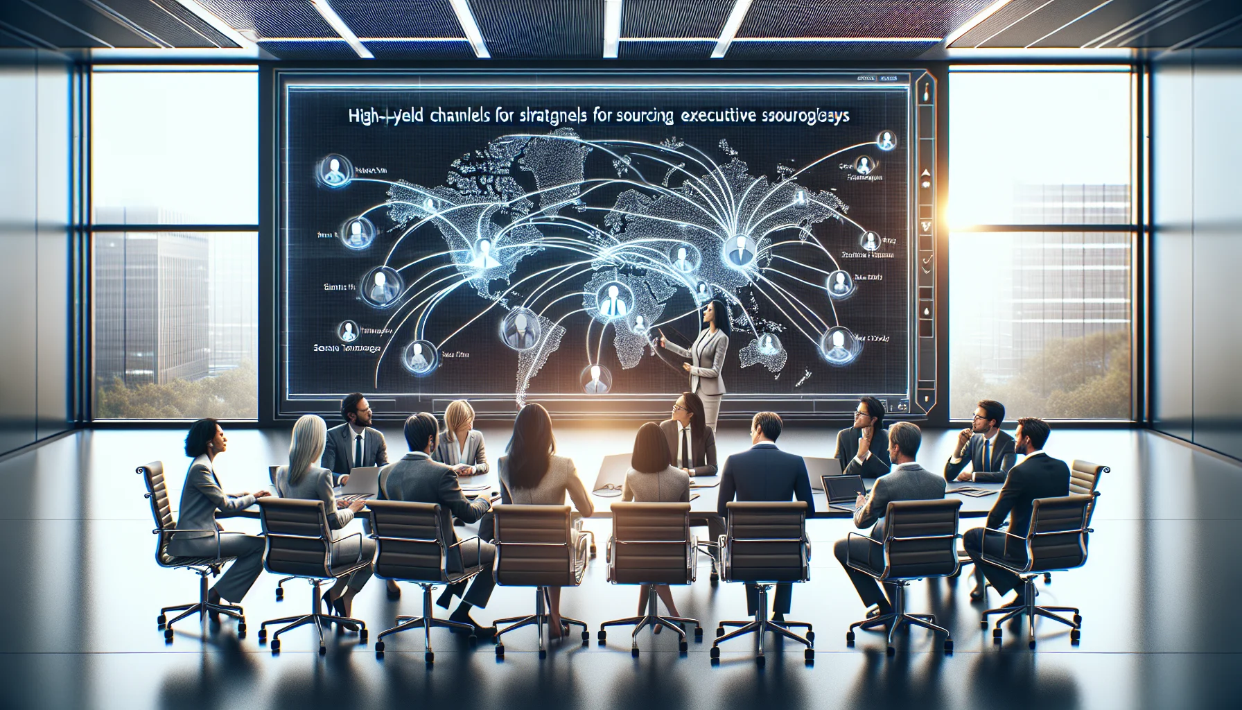 Hiring team reviewing external executive sourcing playbook on laptop