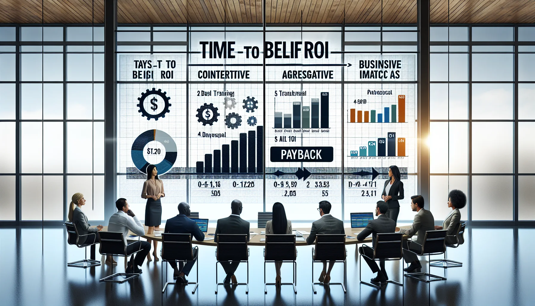 Team reviewing time to belief ROI spreadsheet on laptop