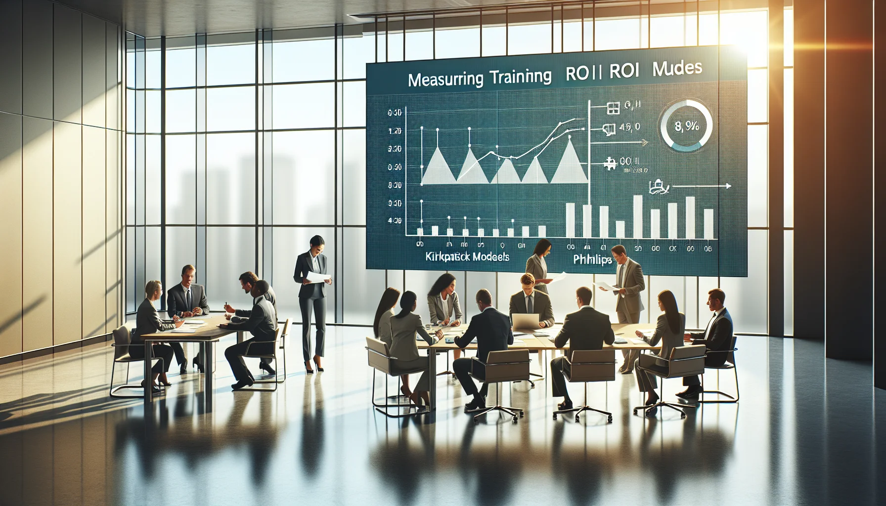 Team reviewing training ROI measurement dashboard on laptop screen