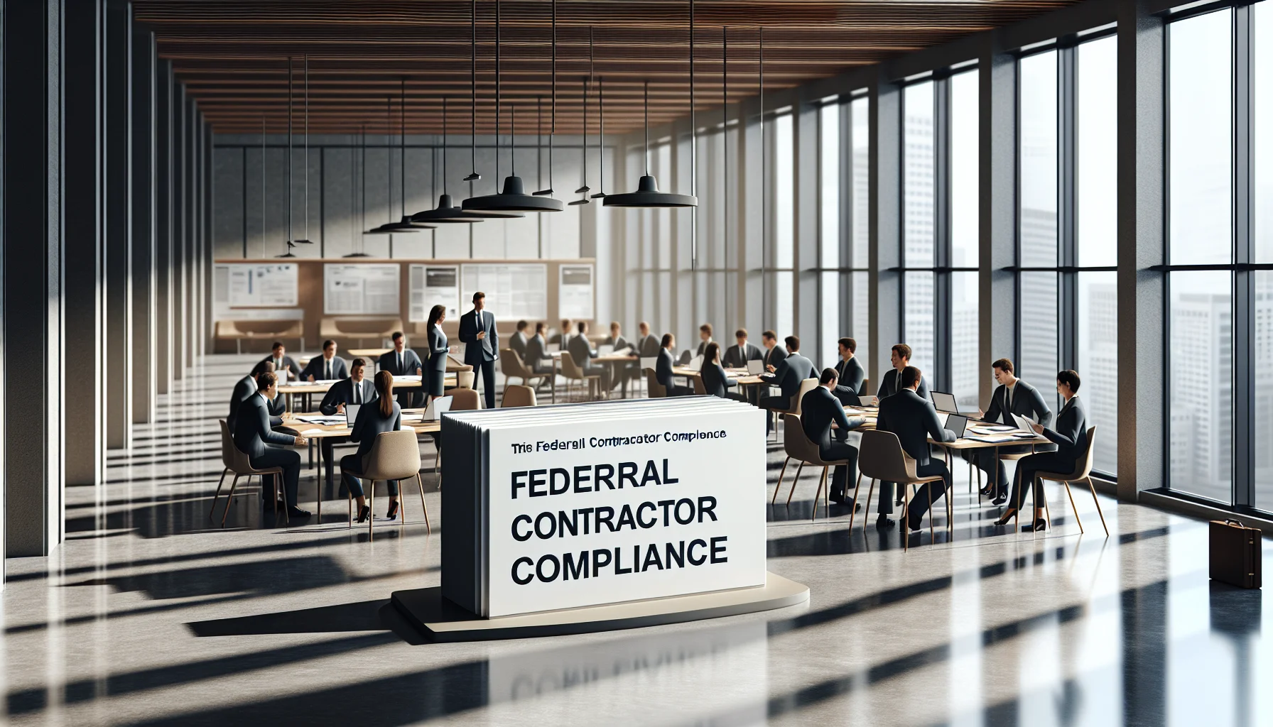 Team reviewing training documentation for federal contractor compliance on laptop