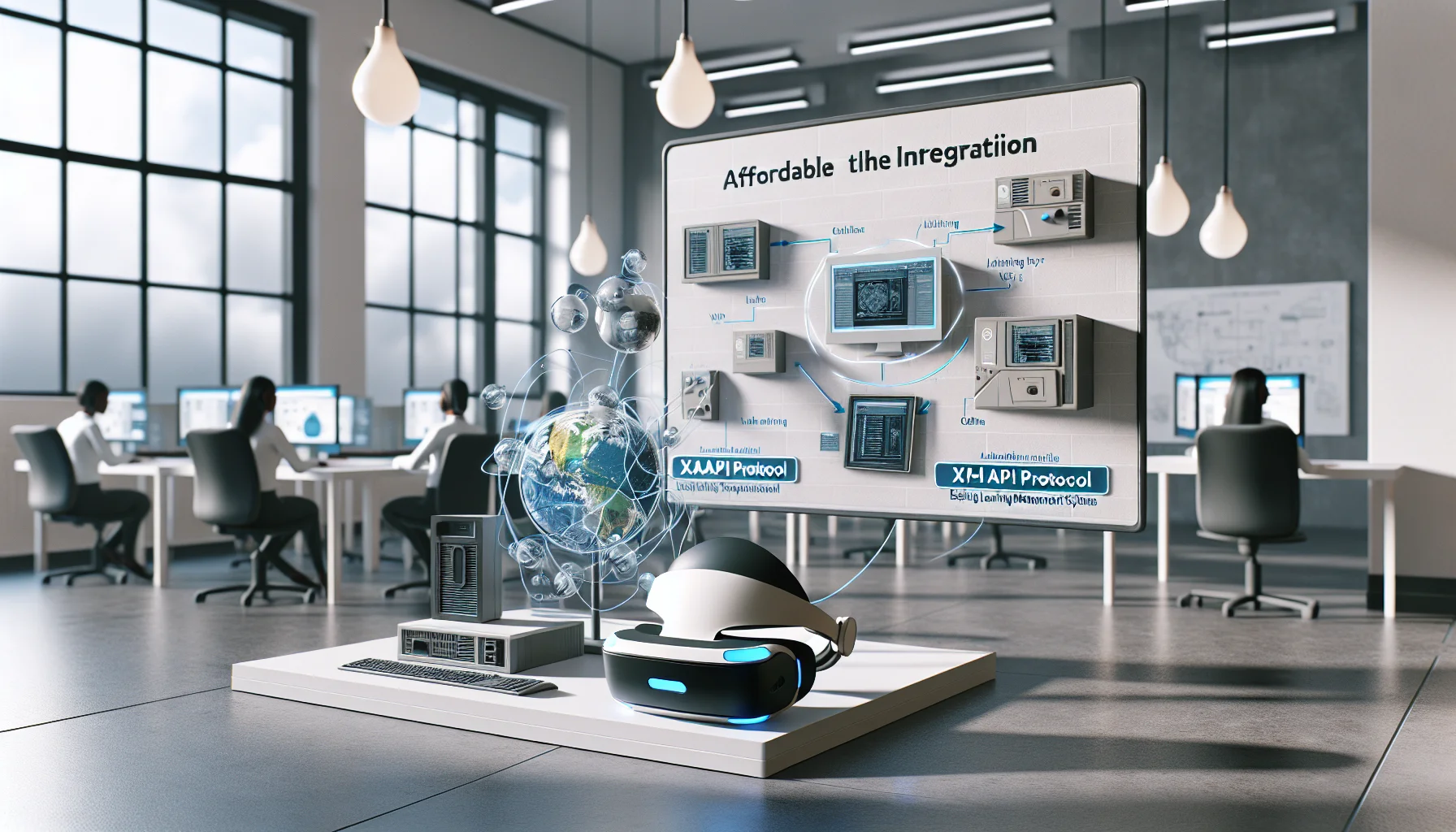Engineer mapping VR LMS integration data flows on screen
