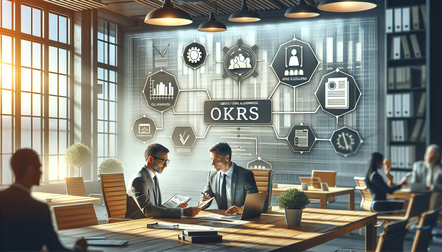 Manager and employee reviewing LMS milestones to align OKRs
