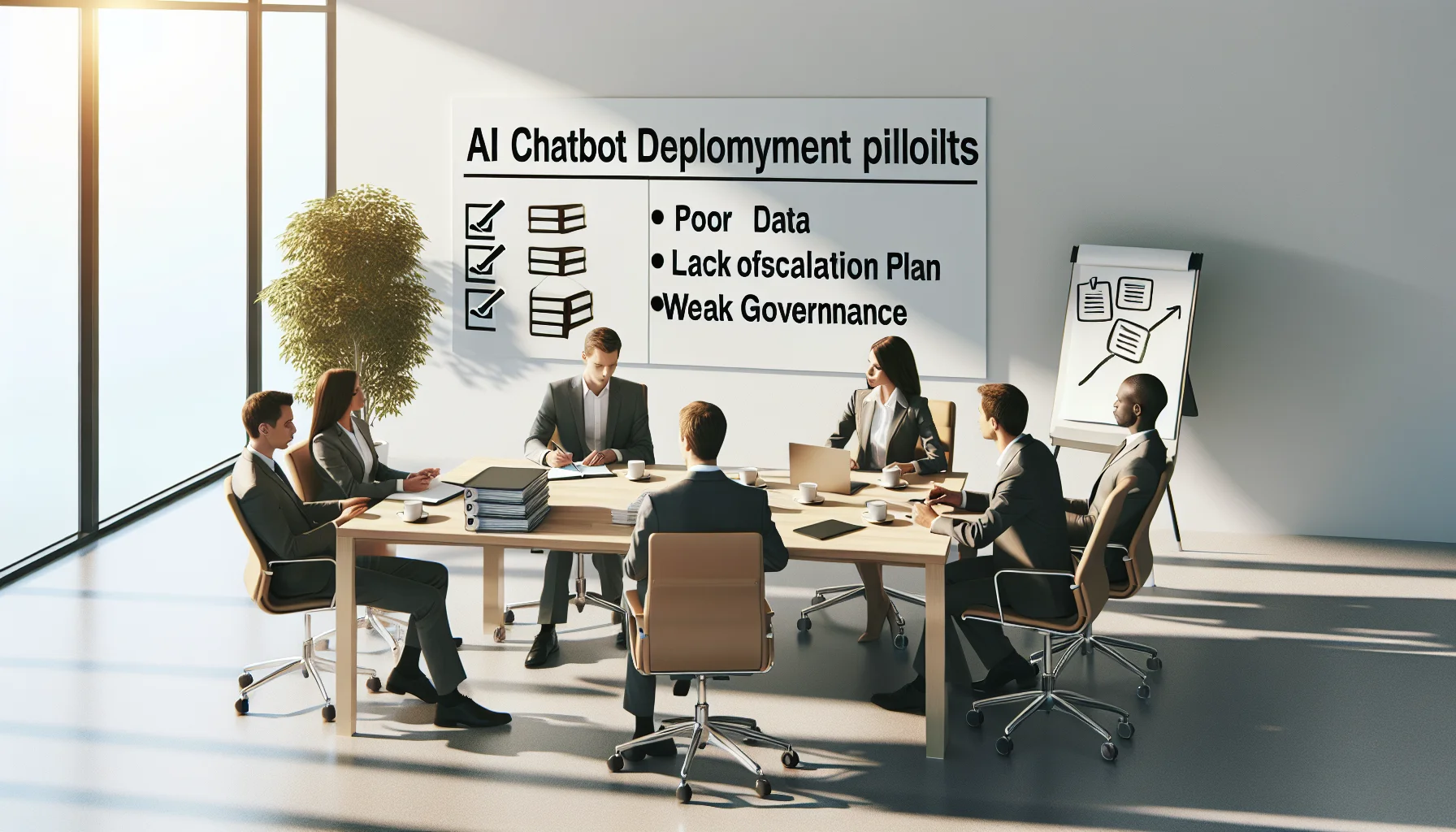 Team reviewing AI chatbot deployment pitfalls checklist on laptop