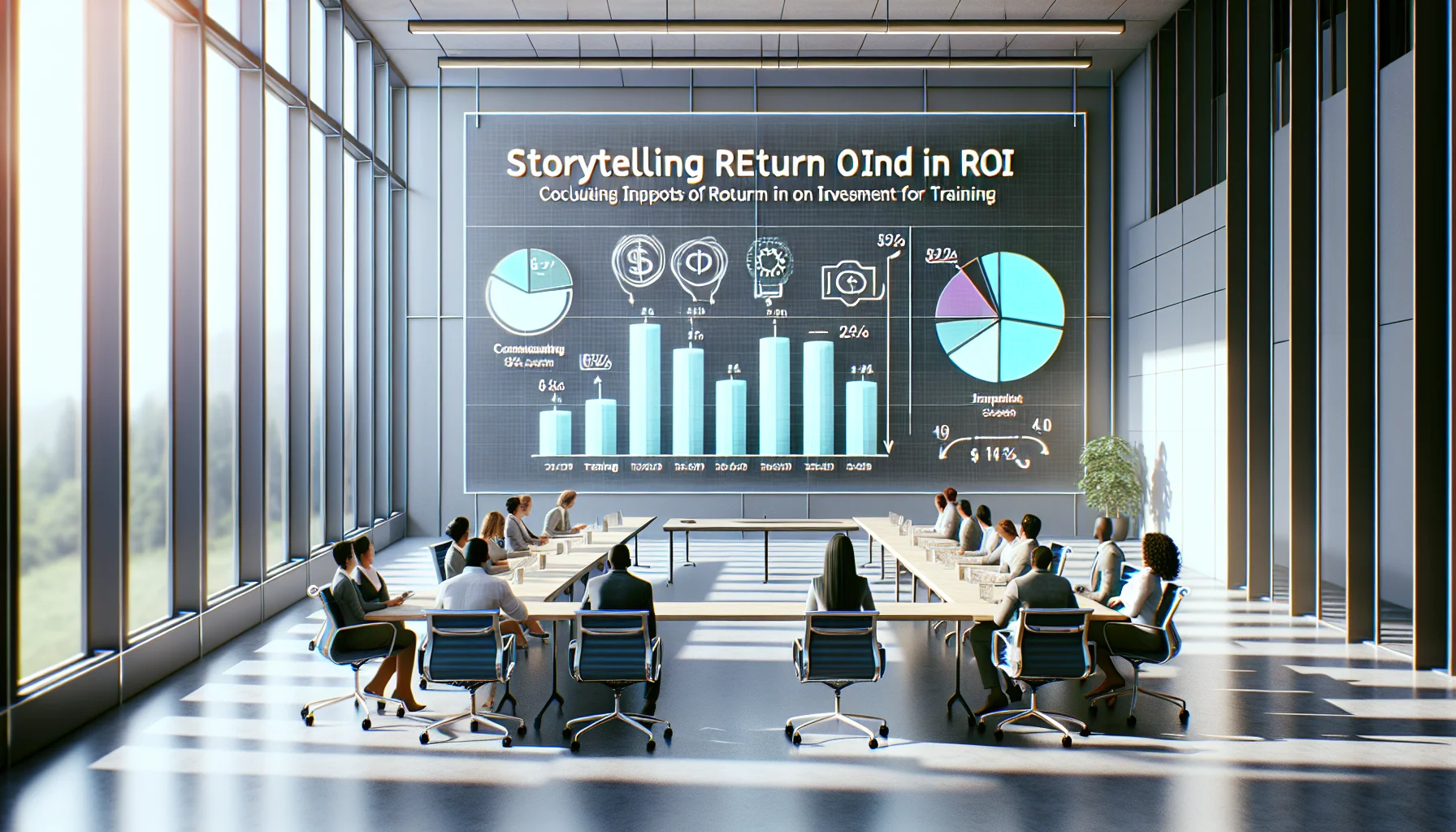 Team reviewing storytelling ROI spreadsheet for training impact