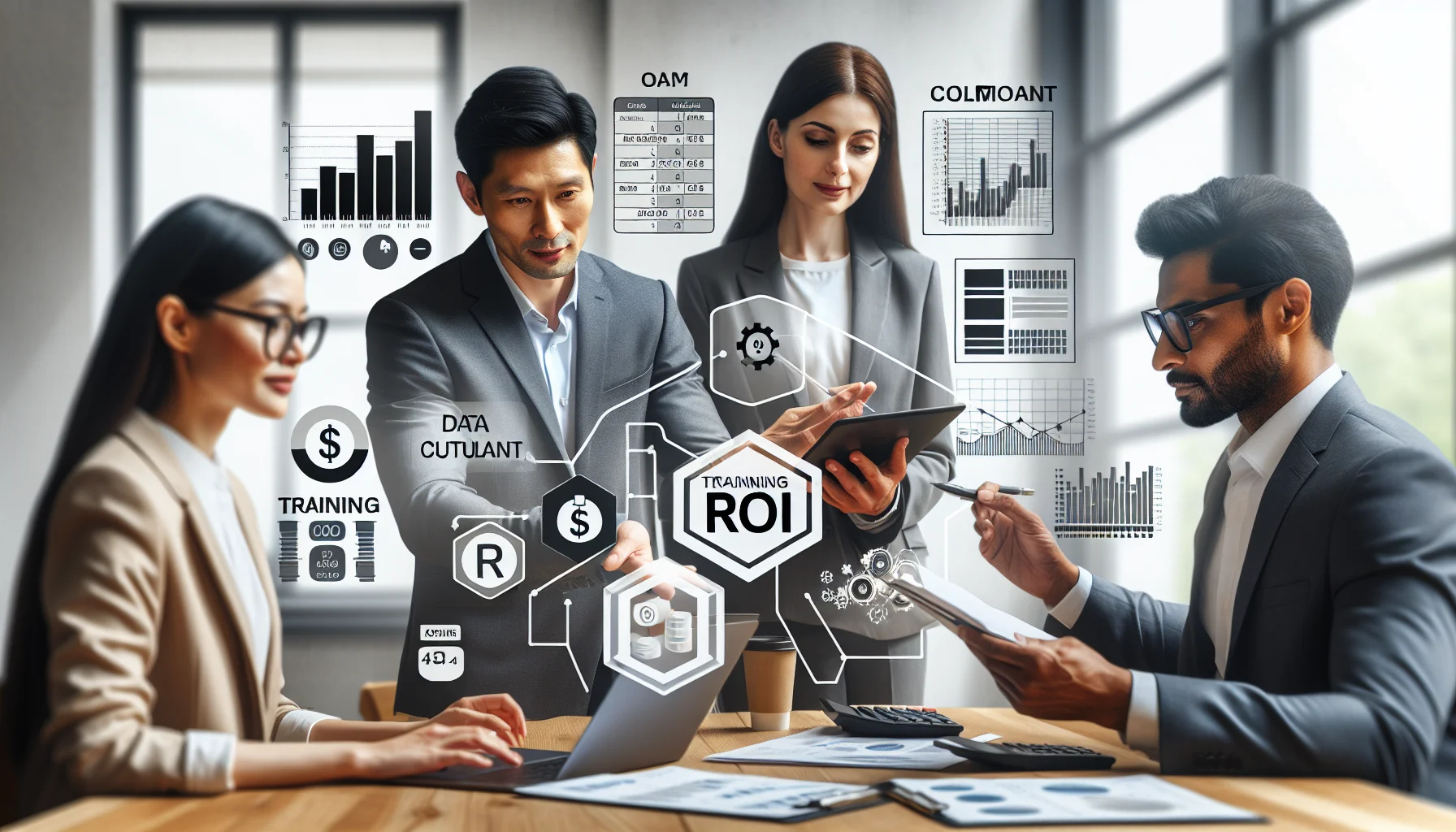 Team analyzing training ROI calculation on LMS-CRM dashboard