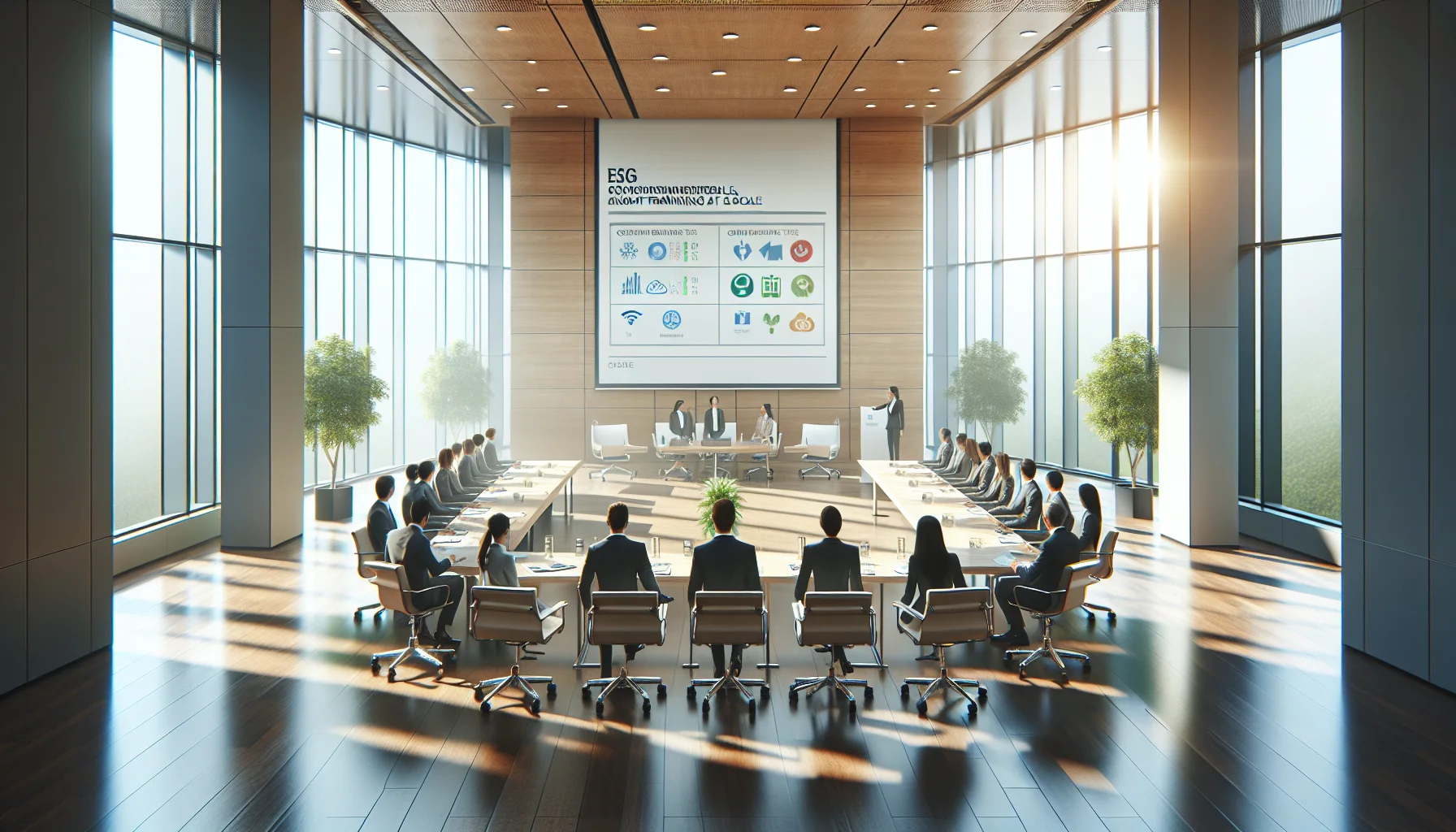 Team planning ESG training challenges and 90-day pilot roadmap