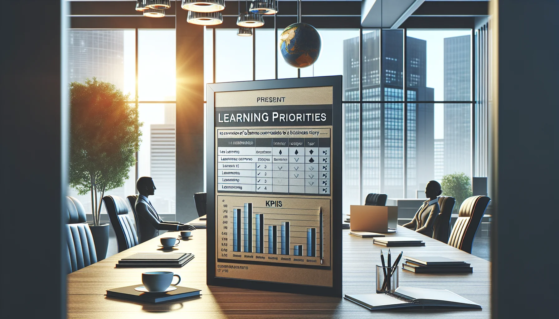 Presenter showing one-page scorecard to executives to present learning priorities