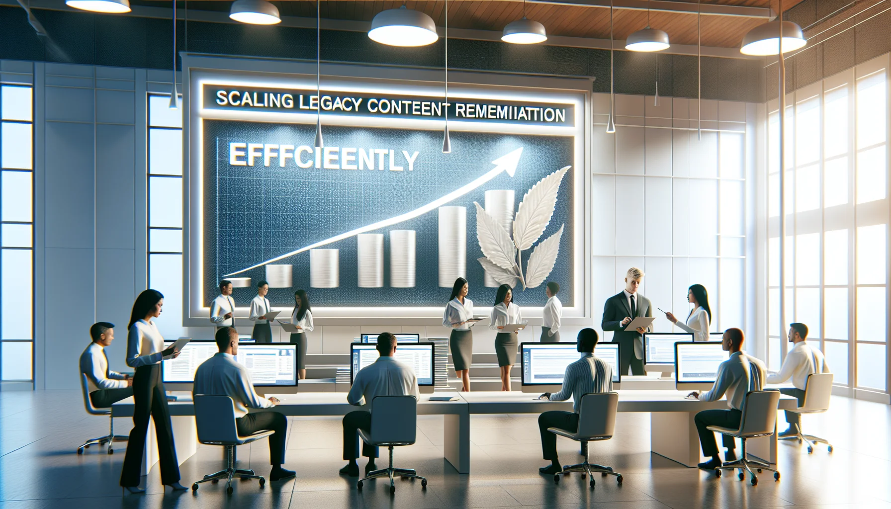 Team planning legacy content remediation using roadmap on laptop