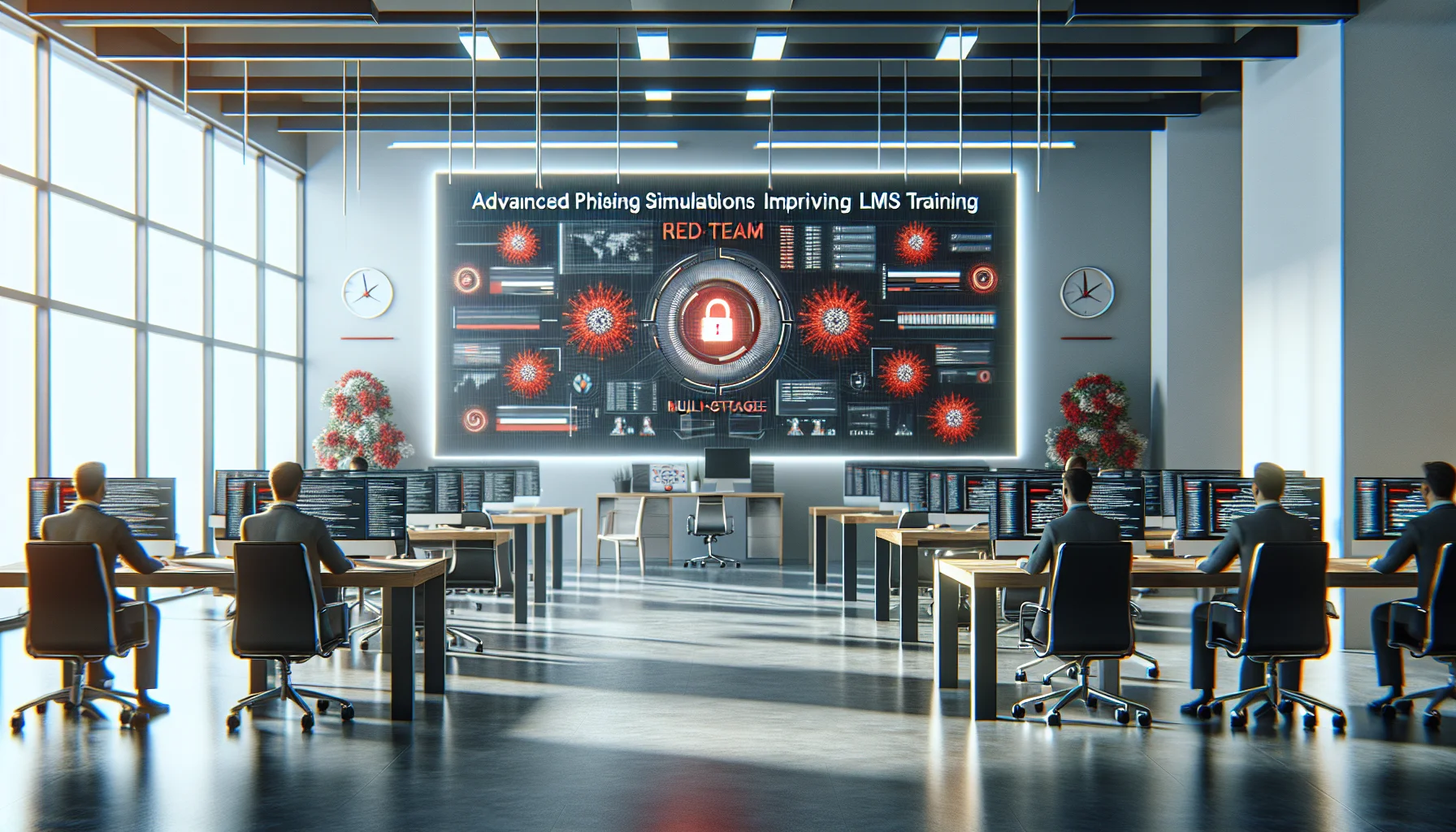 Team reviewing advanced phishing simulations results and LMS remediation dashboard
