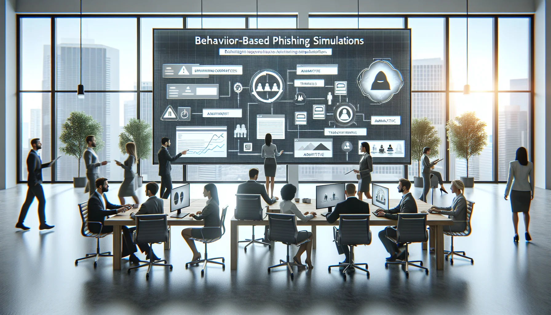 Security team reviewing behavior-based phishing simulations dashboard