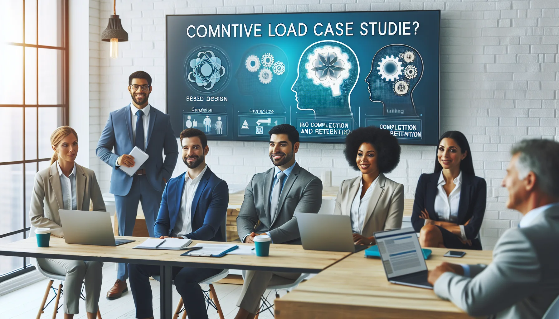 Team reviewing cognitive load case studies and training metrics dashboard