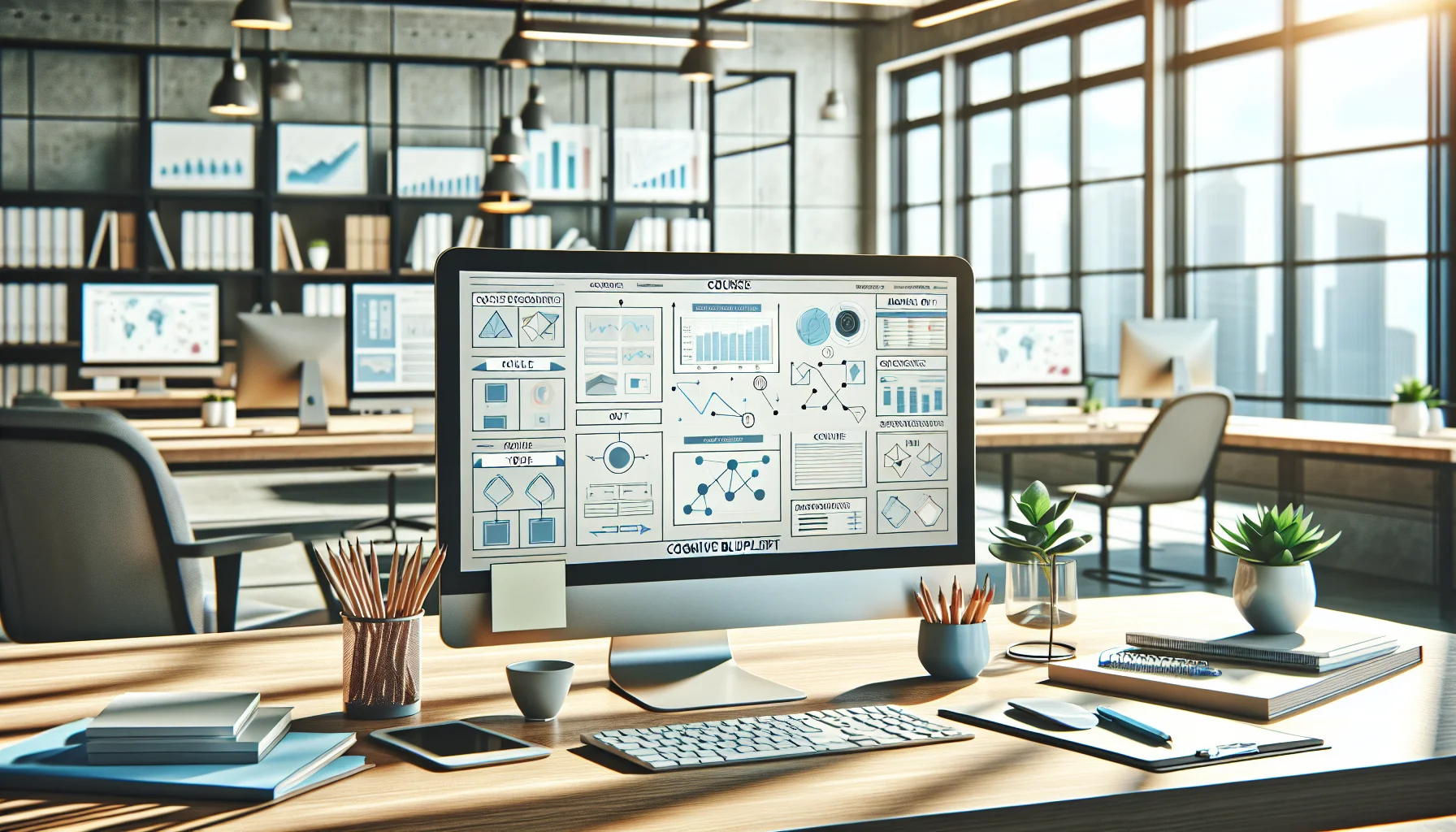 Designer using course design templates on laptop screen
