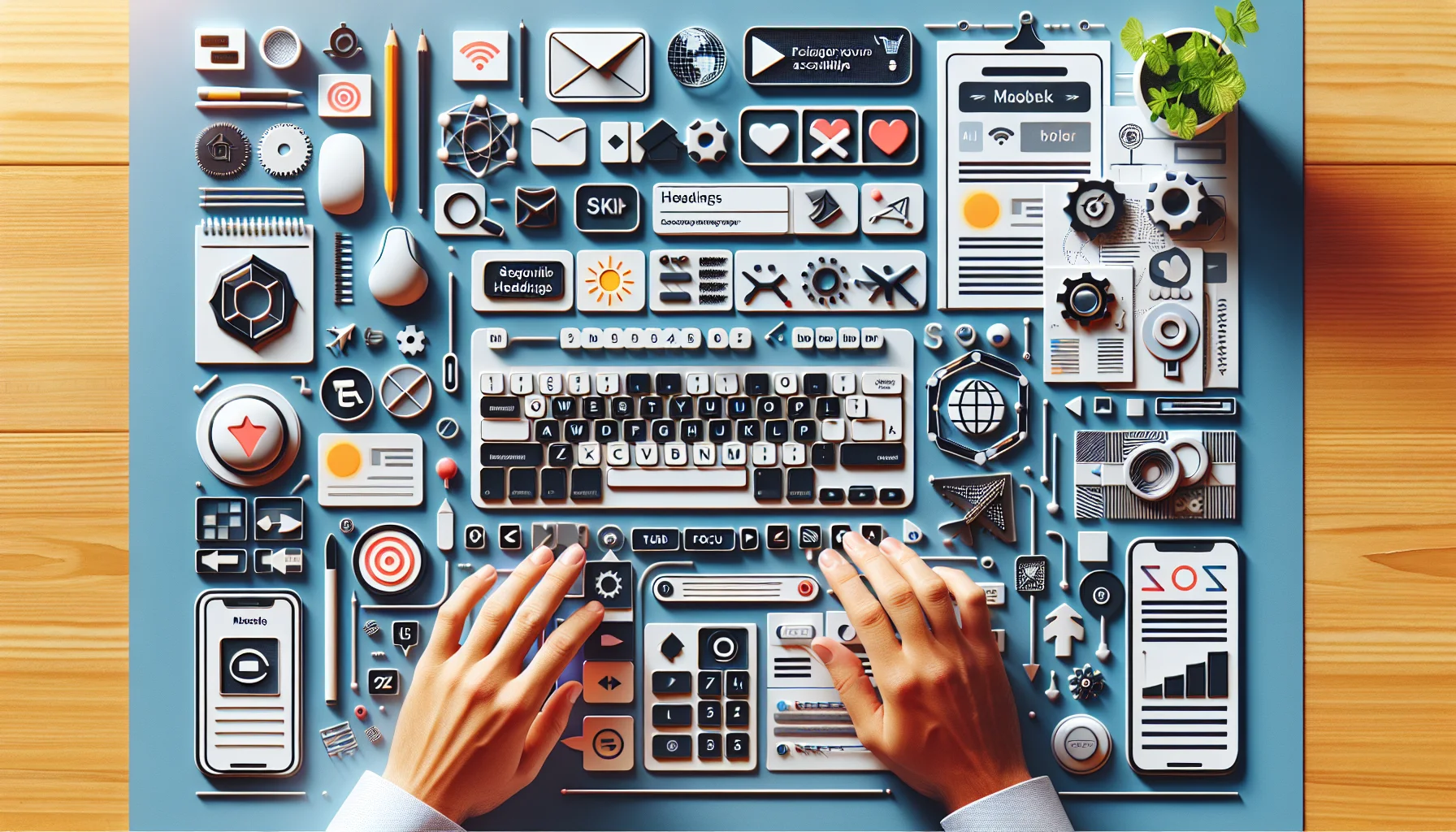 Designers reviewing keyboard screen reader accessibility checklist on laptop