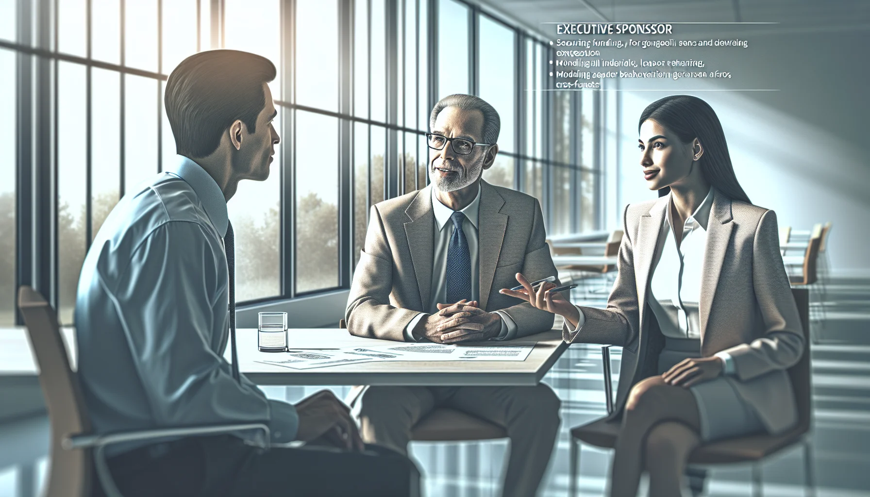 Executives reviewing executive sponsorship stay interviews brief on tablet
