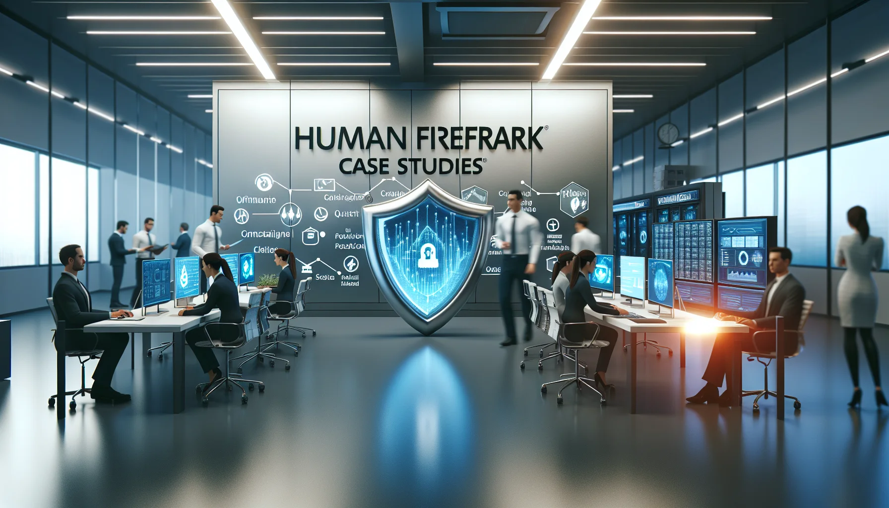 Team reviewing human firewall case studies and KPI dashboard