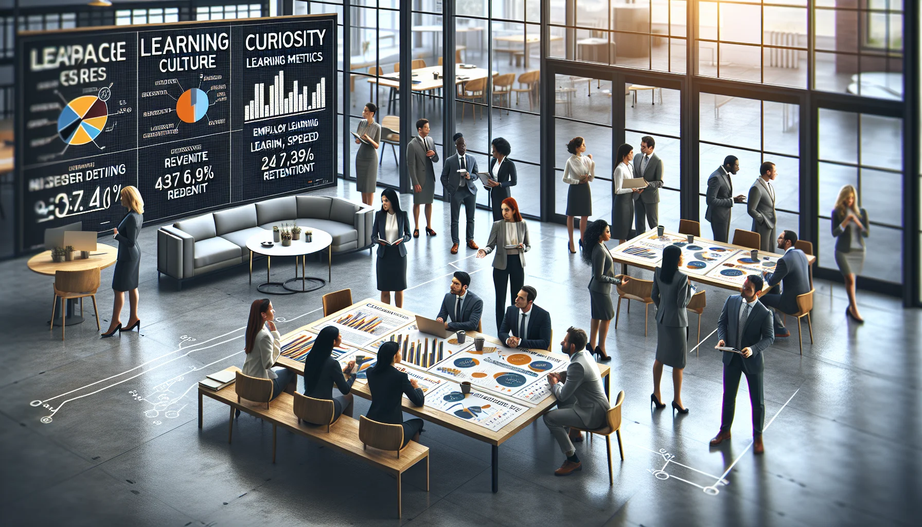 Executives reviewing learning culture metrics dashboard on laptop