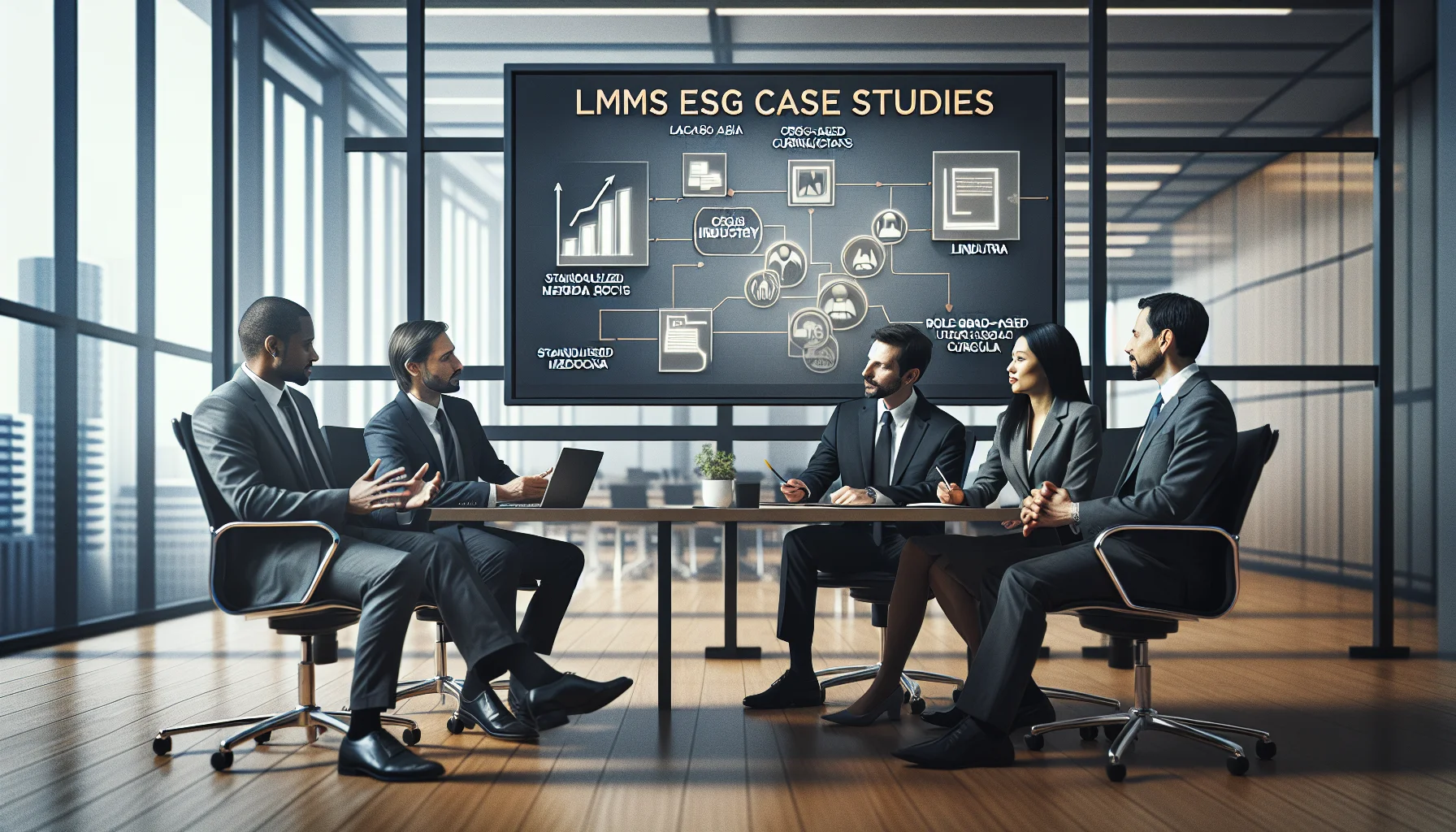 Team reviewing LMS ESG case studies data exports on laptop