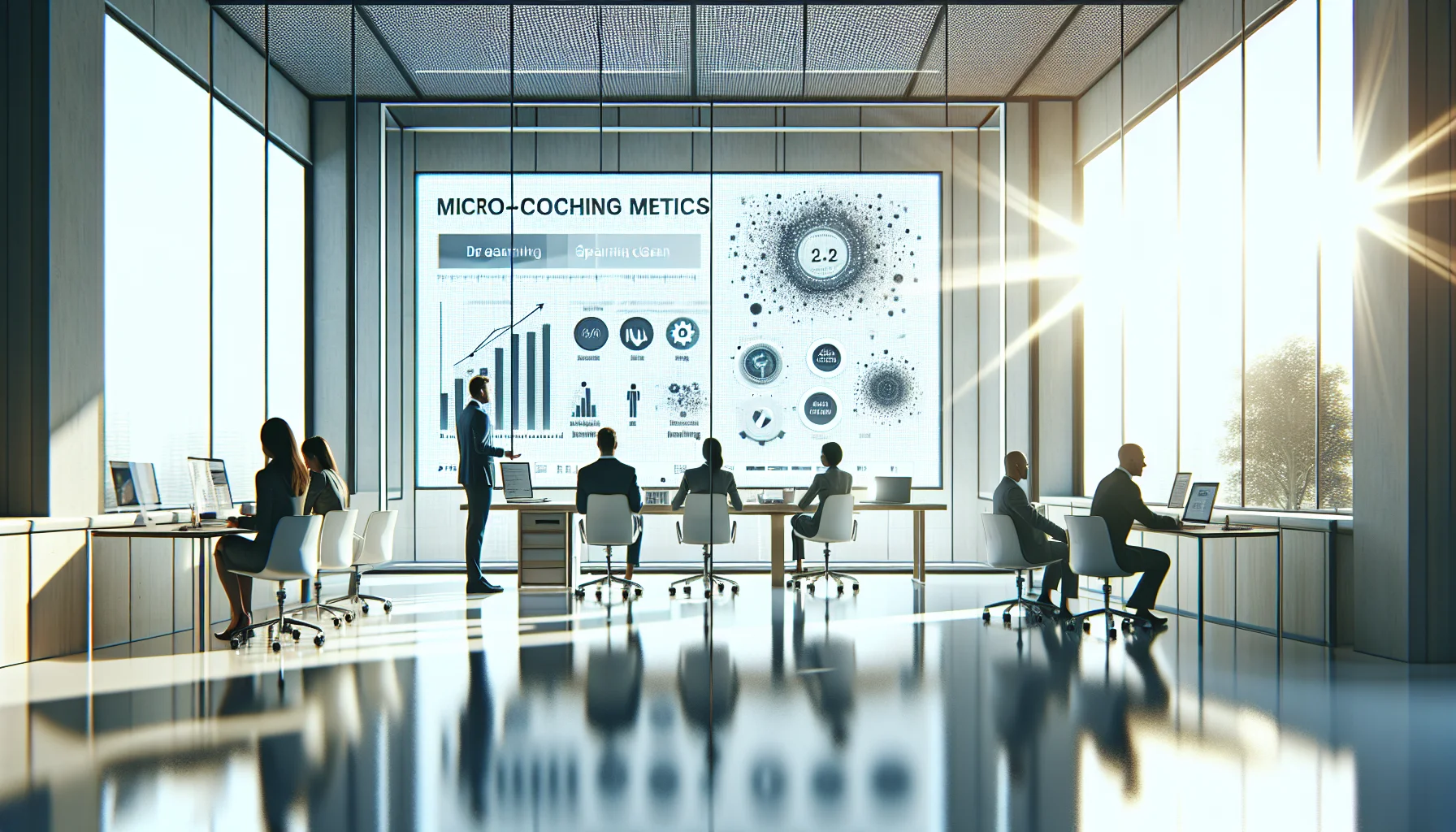 Team reviewing micro-coaching metrics dashboard on laptop