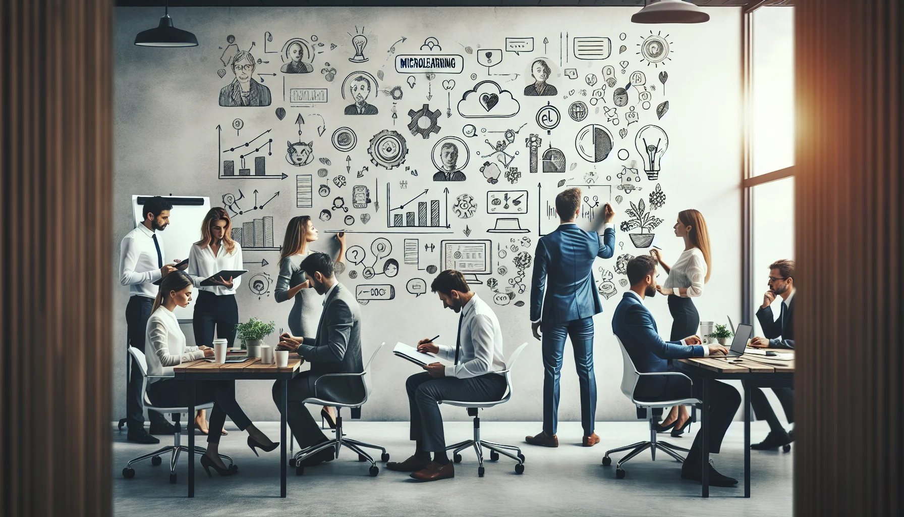 Remote team using microlearning social features on devices