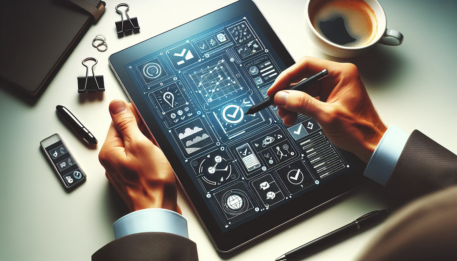 Designer reviewing mobile-friendly templates and checklist on tablet