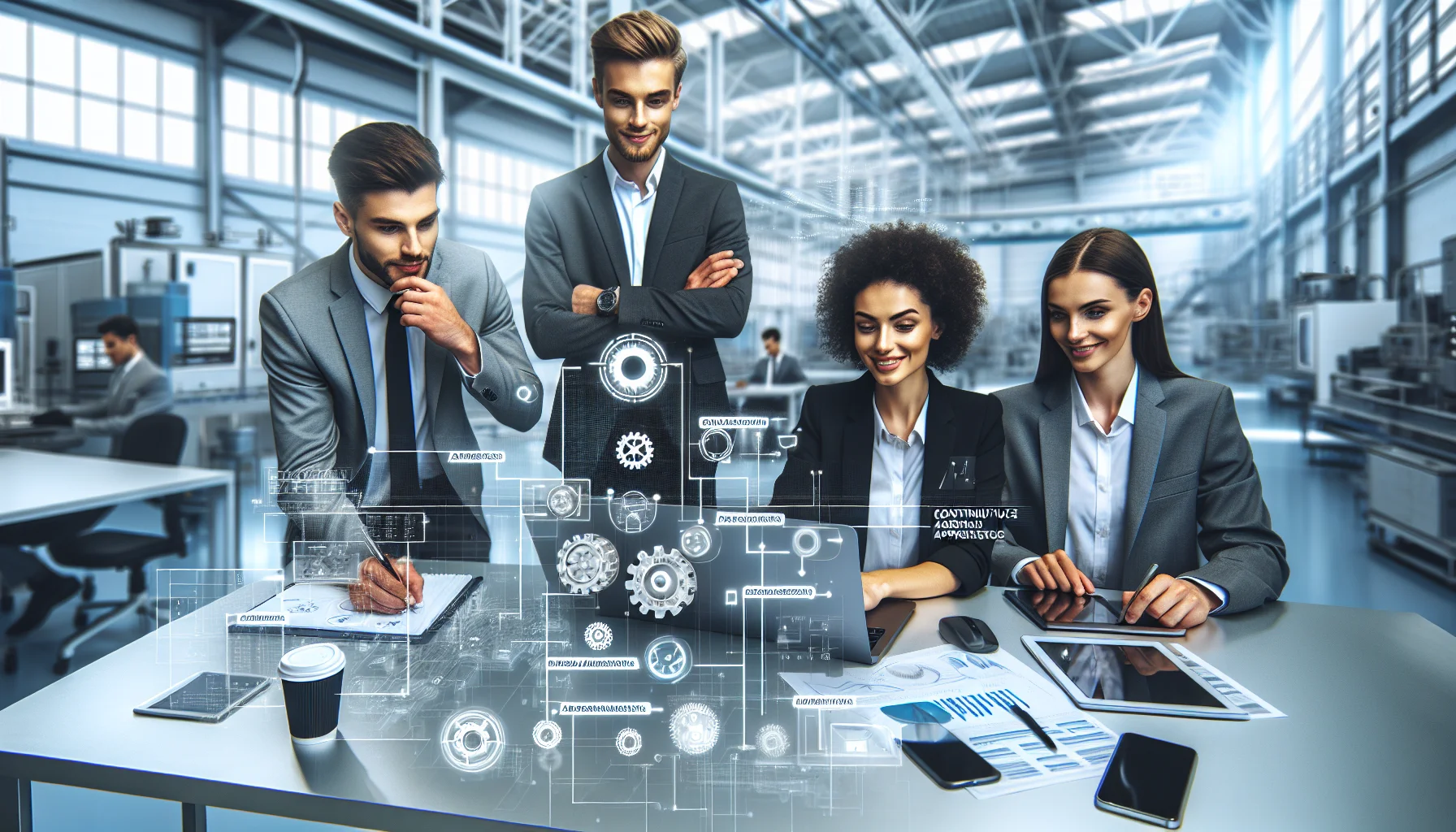 Engineers reviewing real-time analytics dashboard for continuous apprenticeship