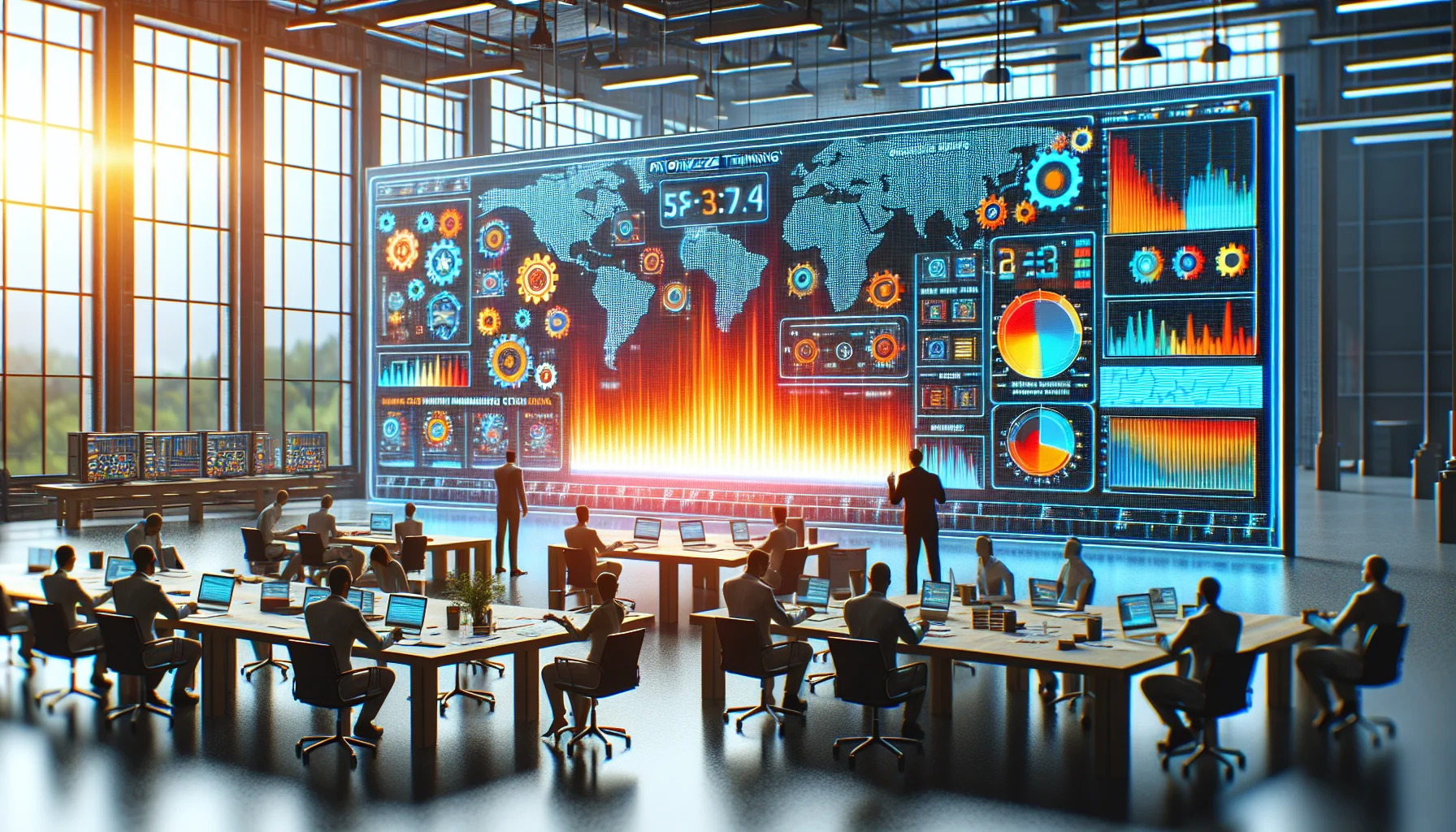 Team reviewing skill-gap heatmaps on a real-time dashboard screen