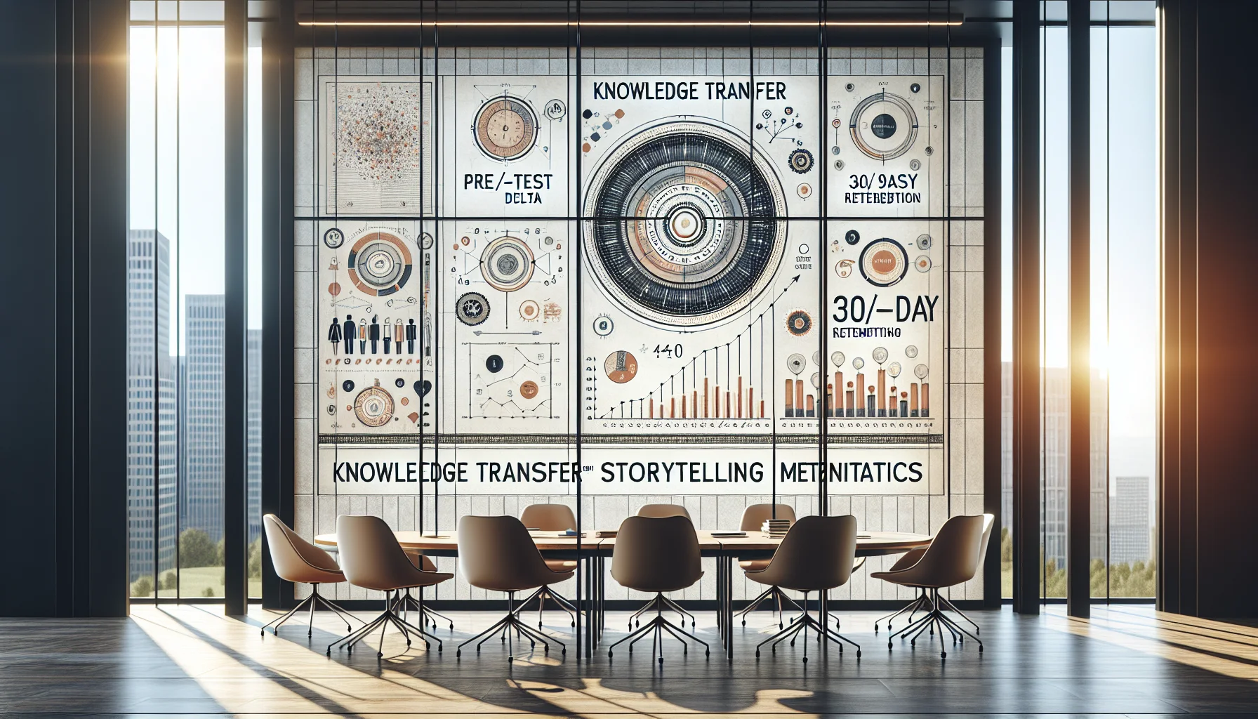 Team reviewing storytelling metrics dashboard for knowledge transfer