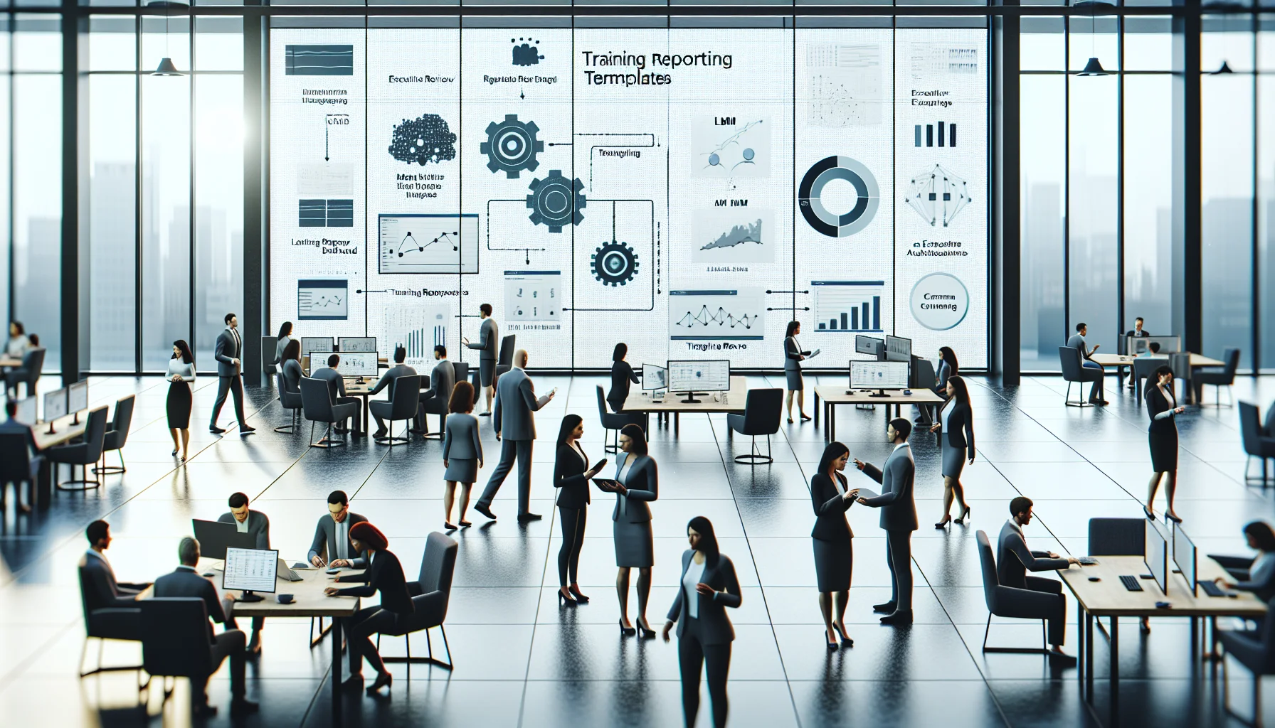 Executive reviewing training reporting templates and revenue dashboard