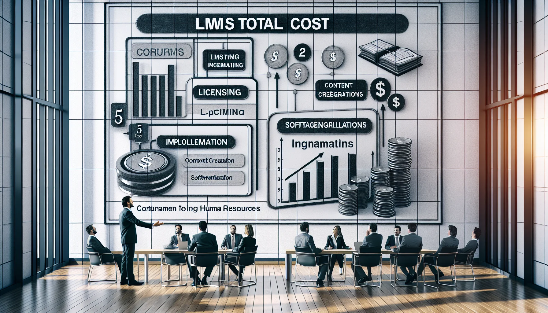 Team reviewing LMS total cost spreadsheet and five-year model