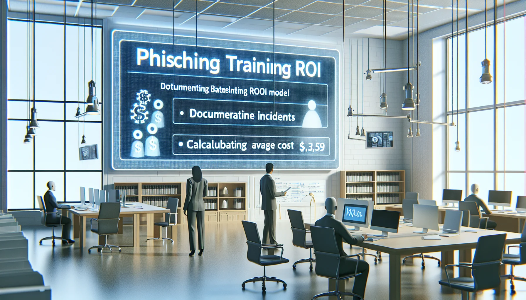 Security team reviewing phishing training ROI spreadsheet on laptop