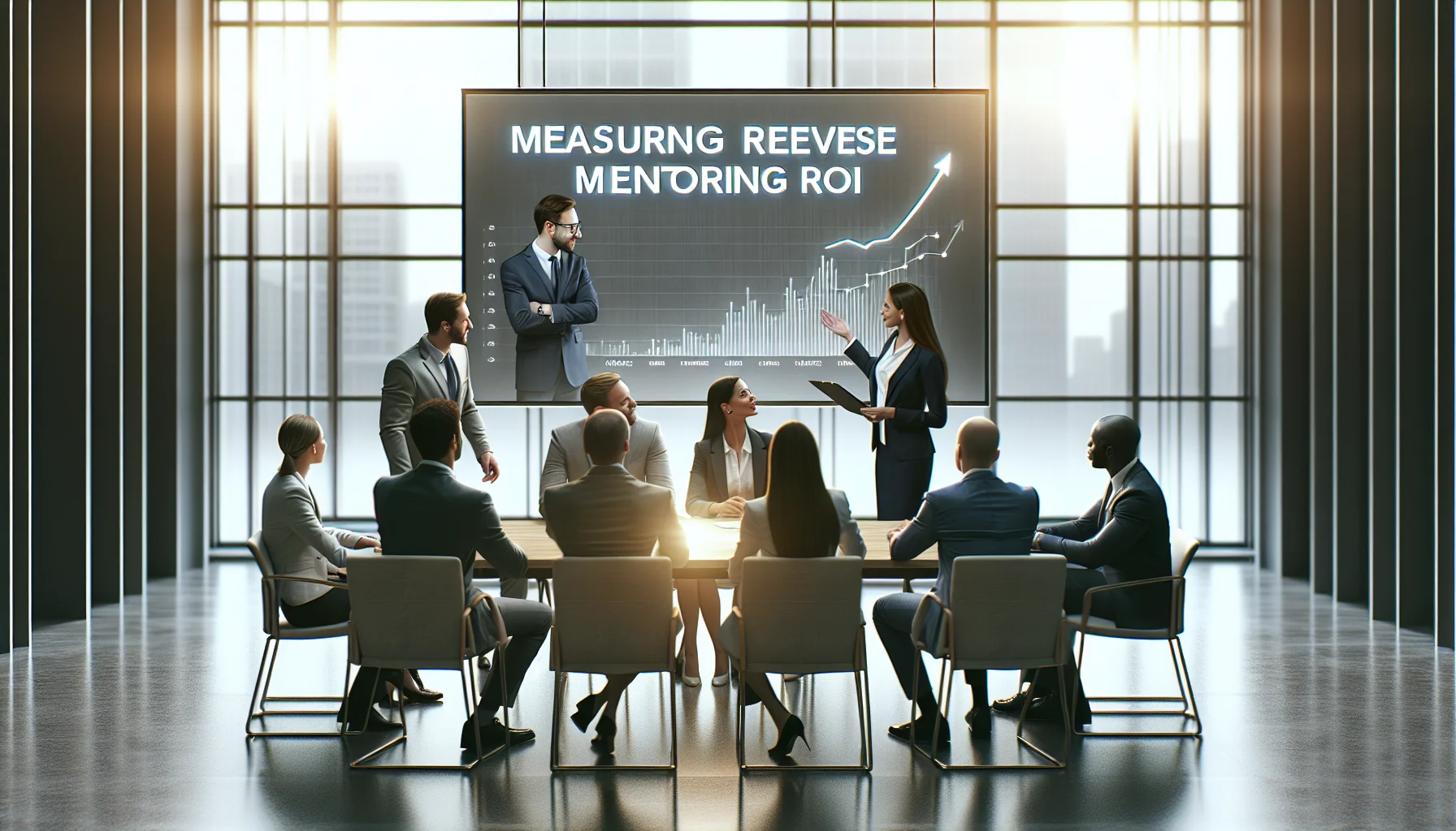 Team reviewing dashboard showing reverse mentoring ROI and metrics