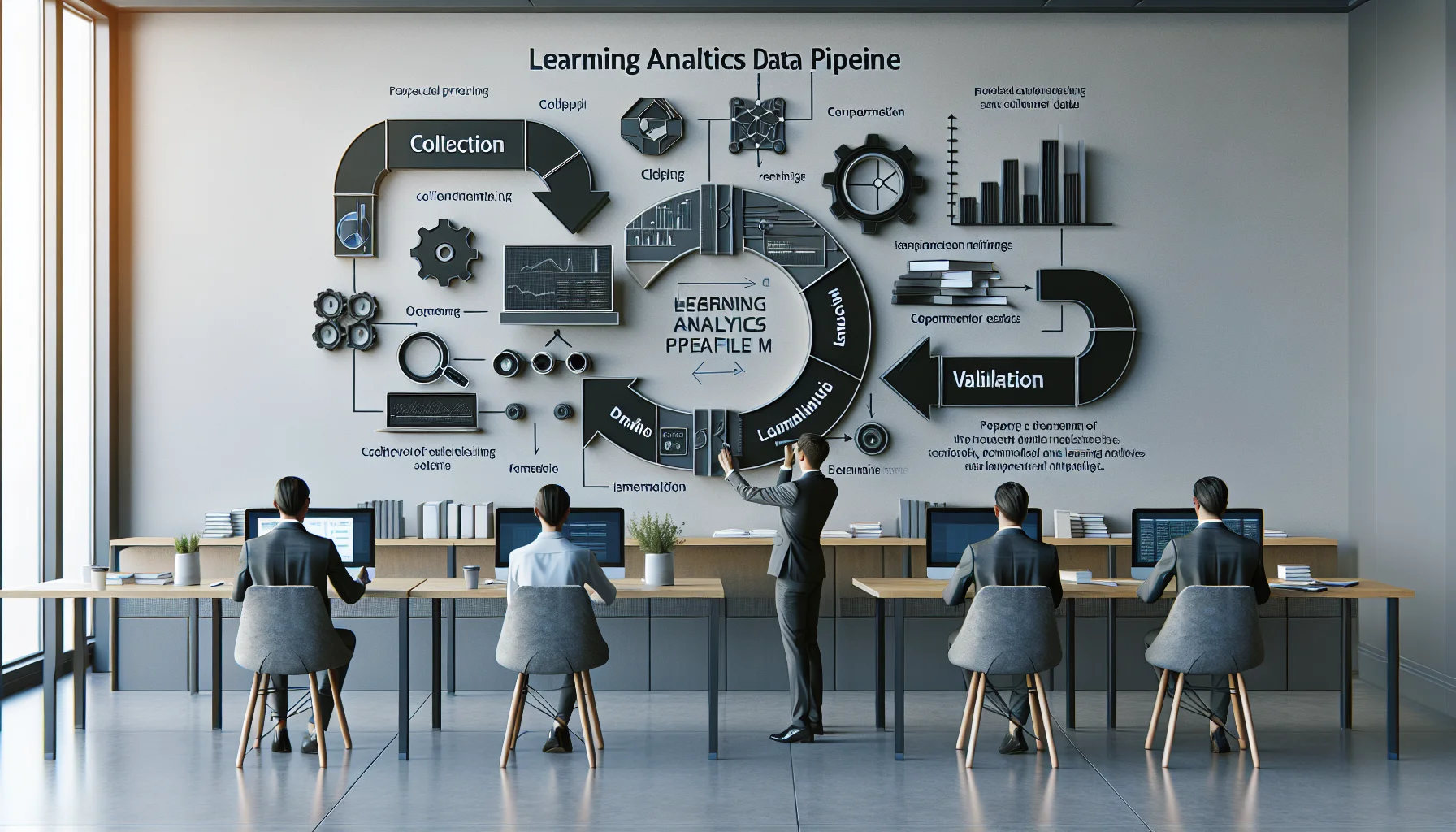 Team reviewing learning analytics data pipeline architecture on monitor