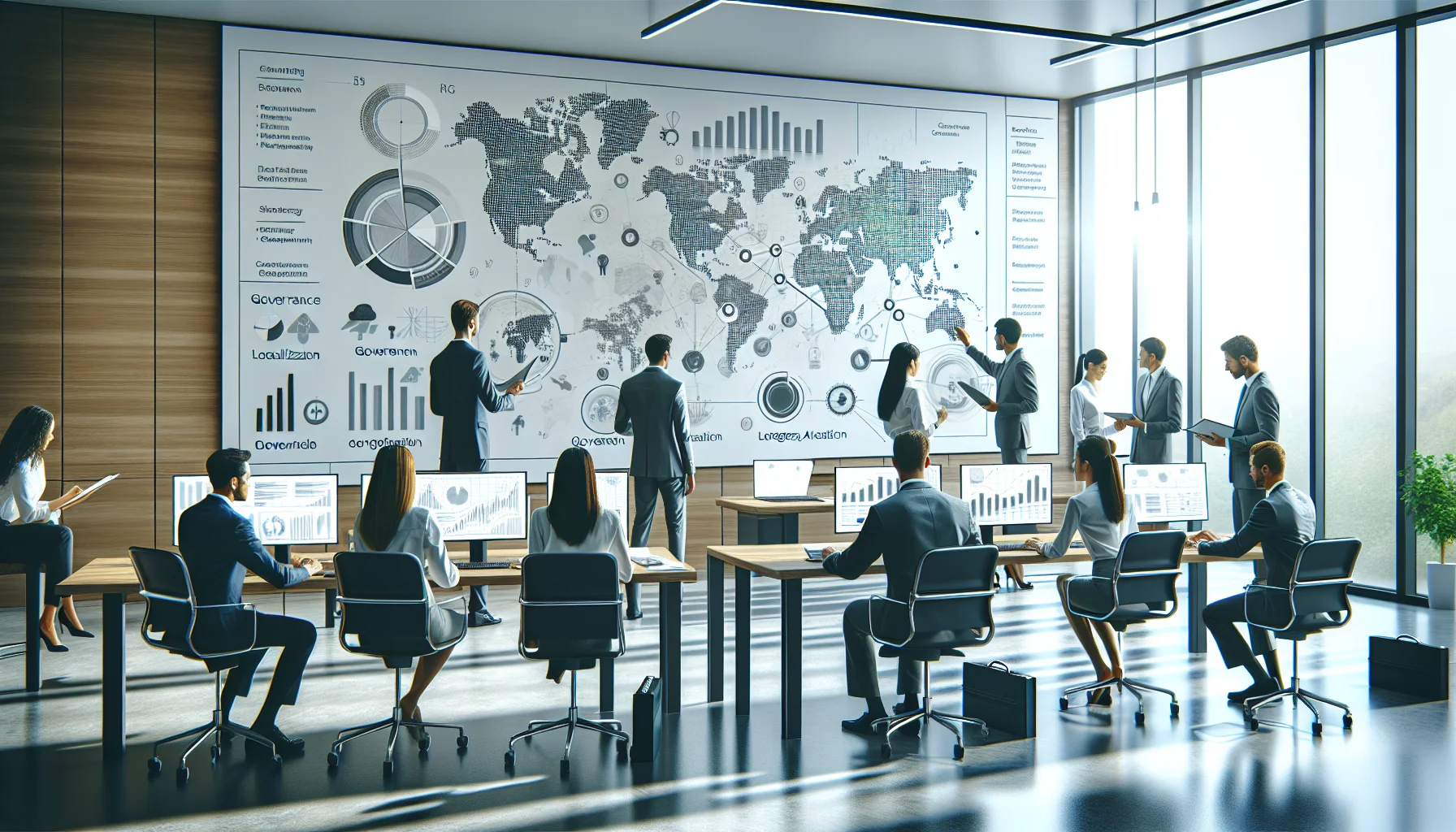 Global team planning to scale employee advocacy roadmap on screen