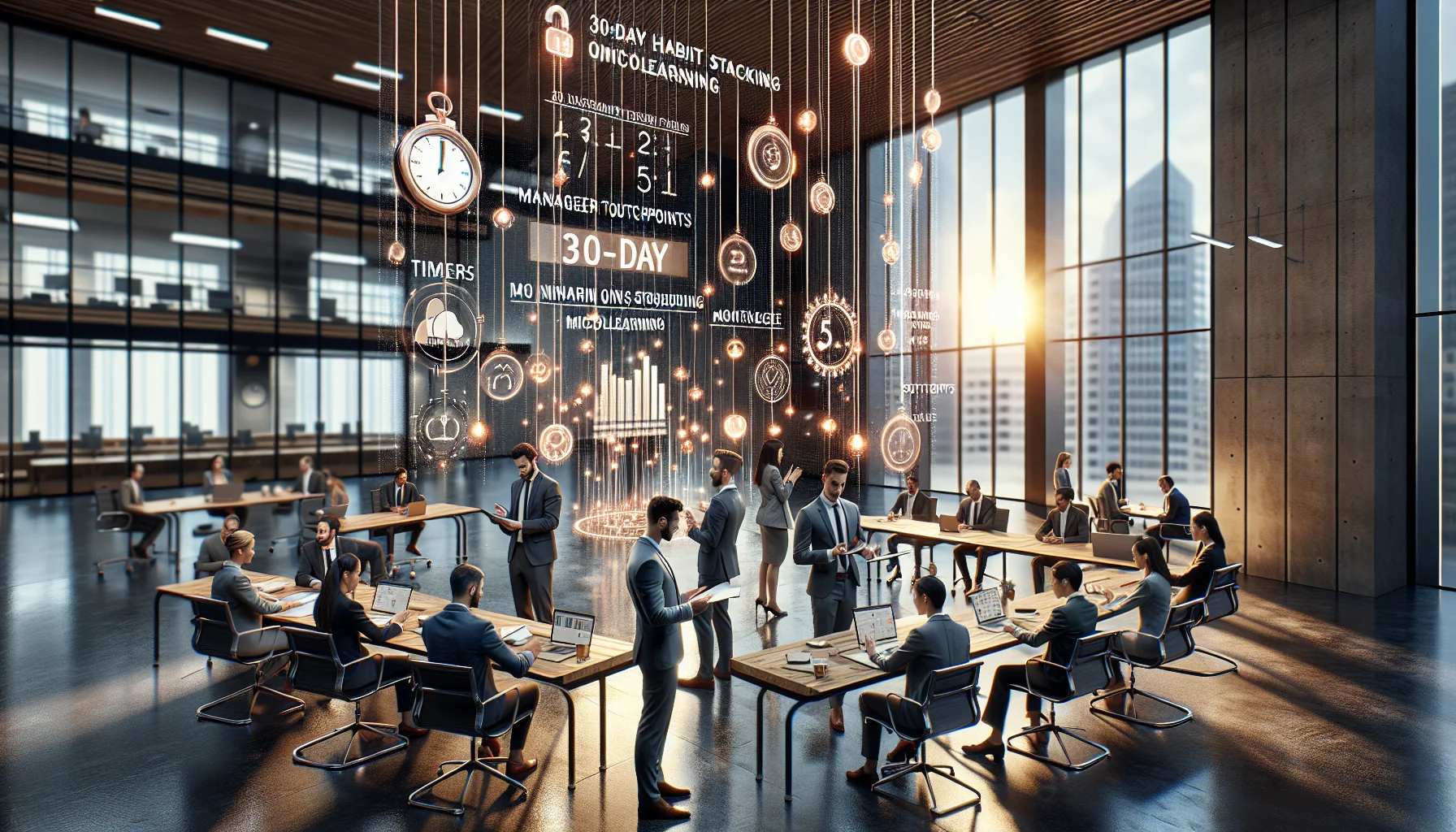 New hires following 30-day habit stacking microlearning on laptop