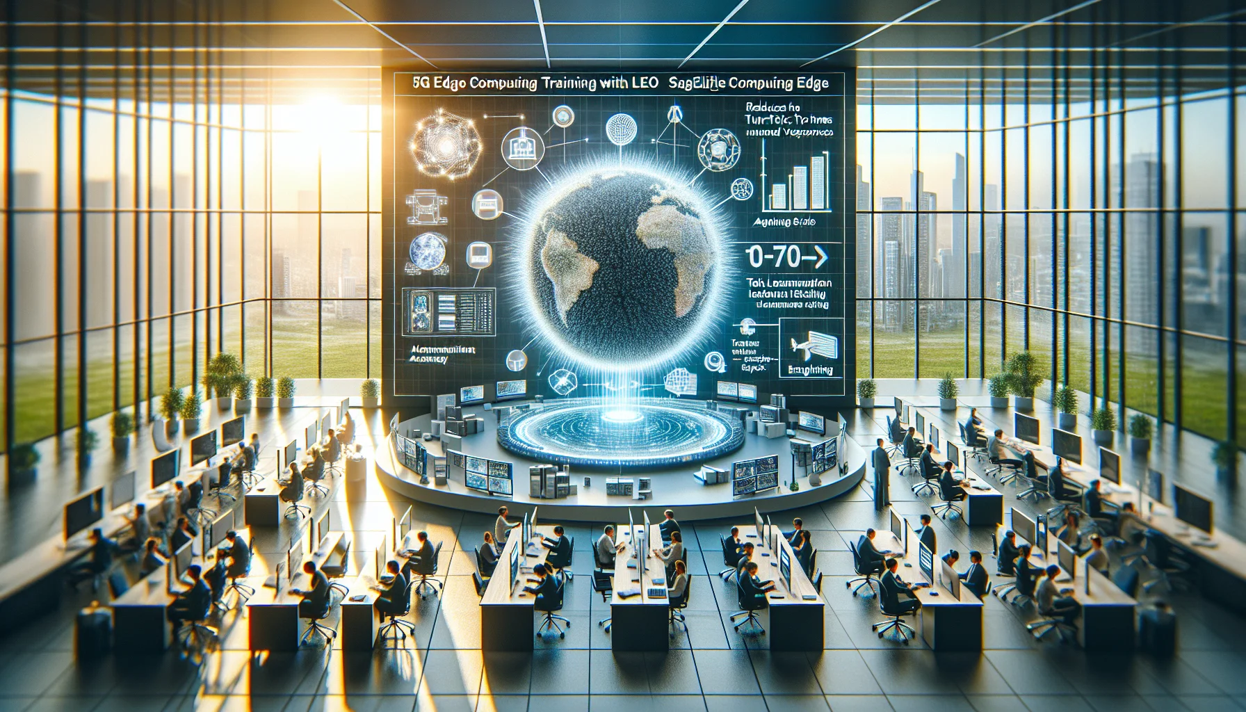 Engineers configuring 5G edge computing training with LEO satellite