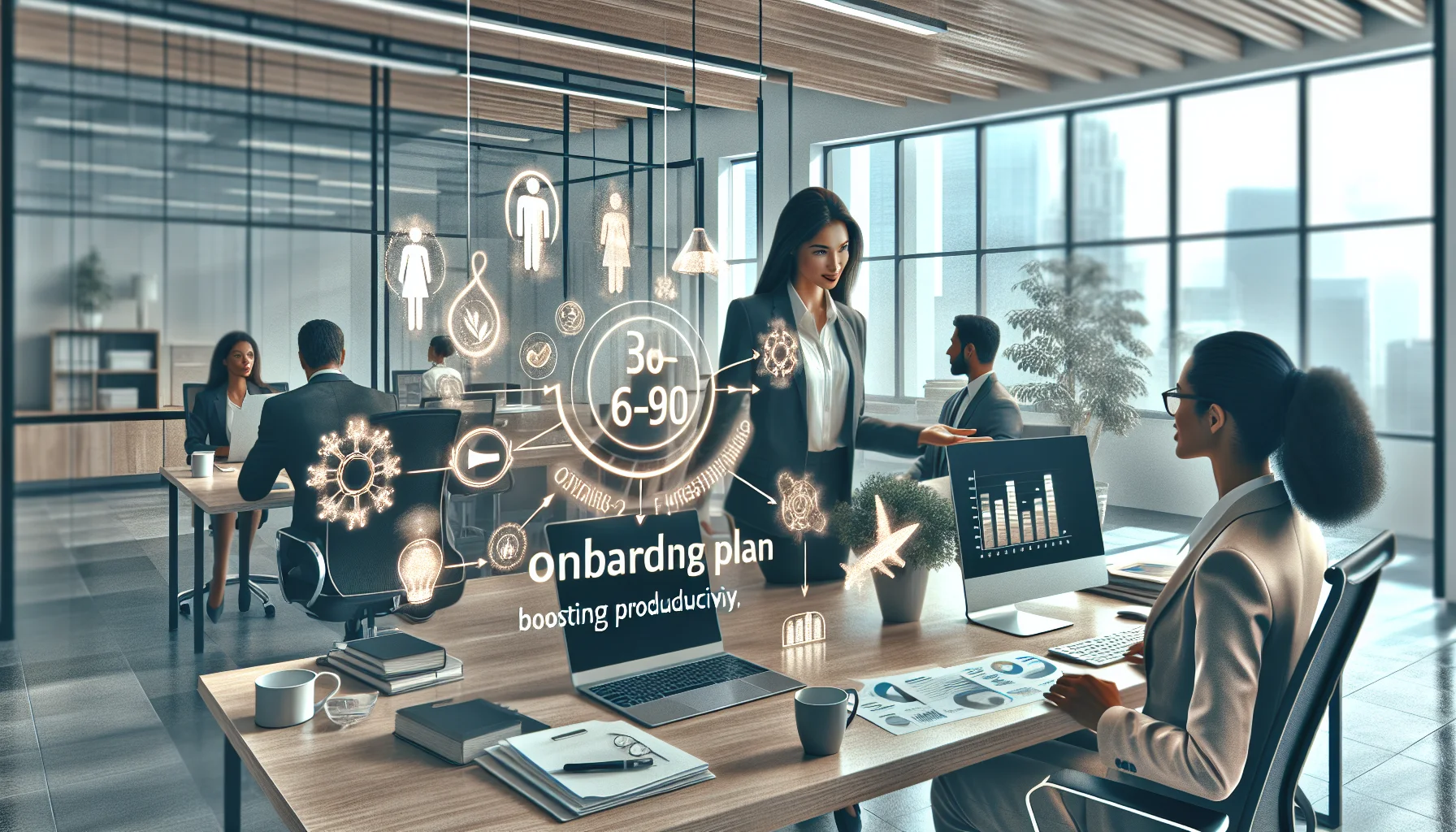Manager reviewing 30-60-90 day onboarding template on laptop