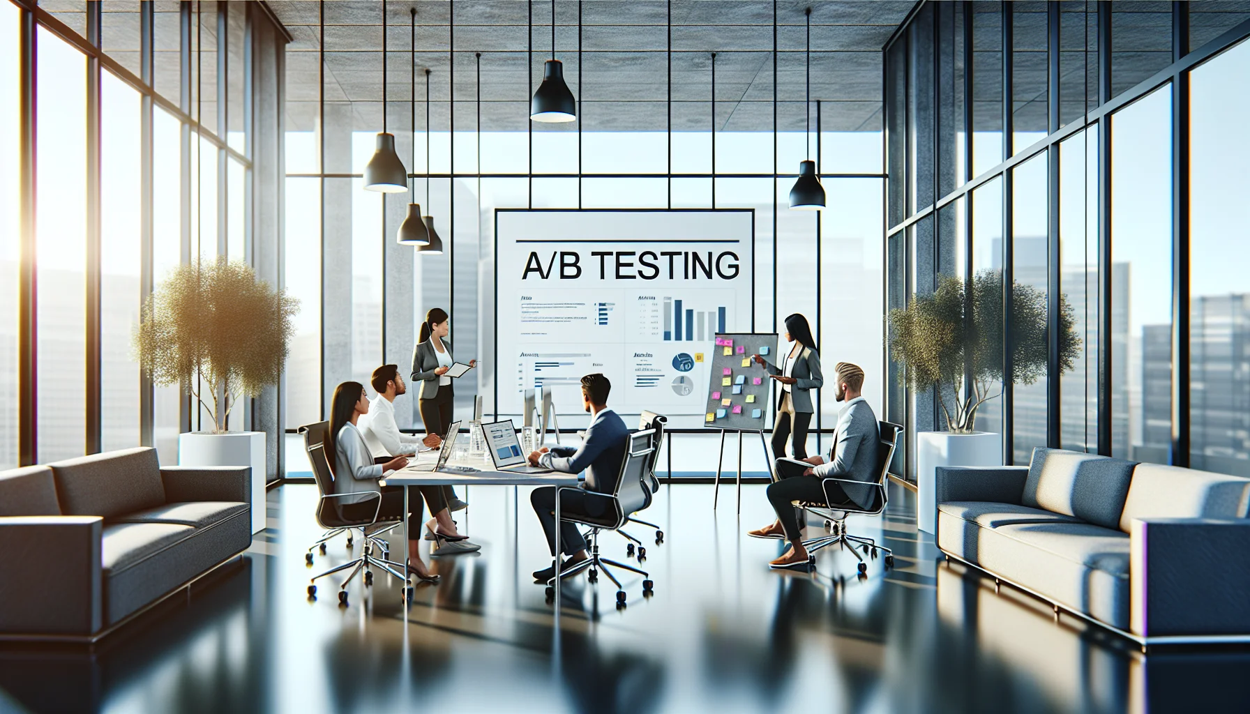 Team planning A/B testing marketing experiments on whiteboard