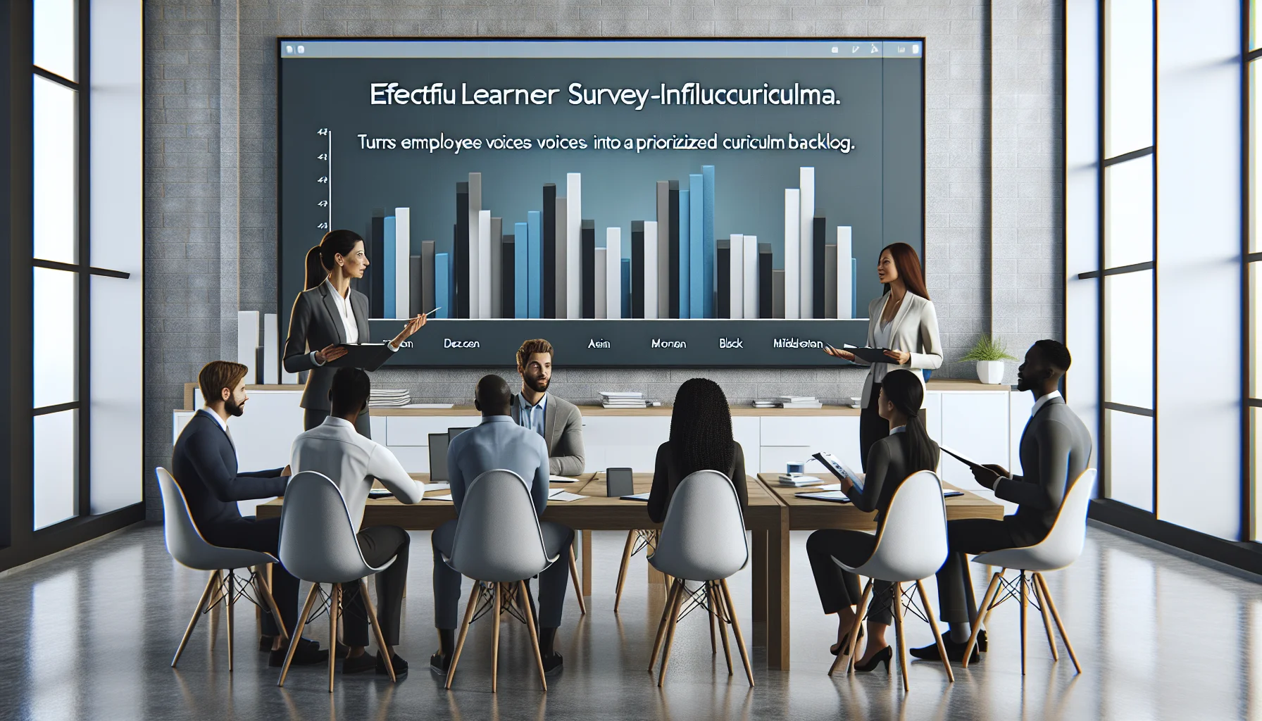 Team reviewing an effective learner survey results dashboard on tablet