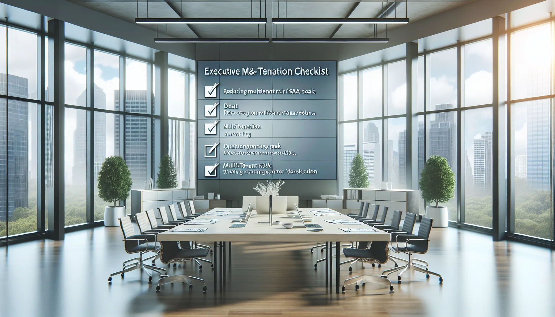 Executive team reviewing M&A integration checklist for multi-tenant SaaS