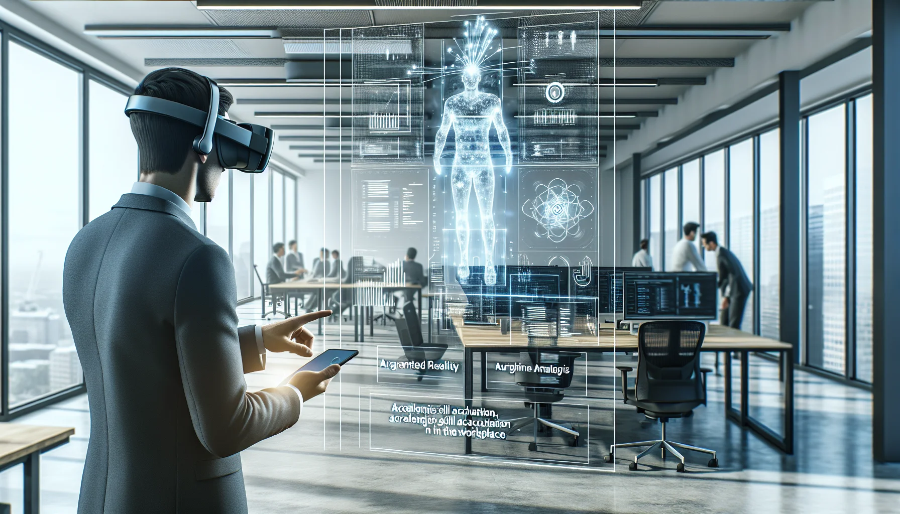 Technician using augmented reality AR headset on shop floor