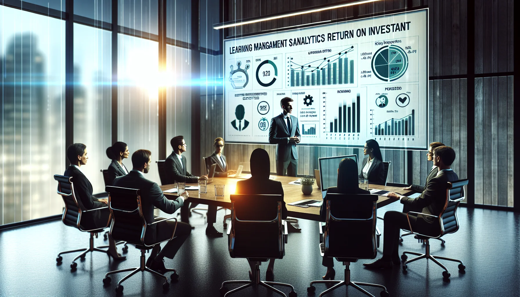 Executives reviewing LMS analytics ROI dashboard on laptop