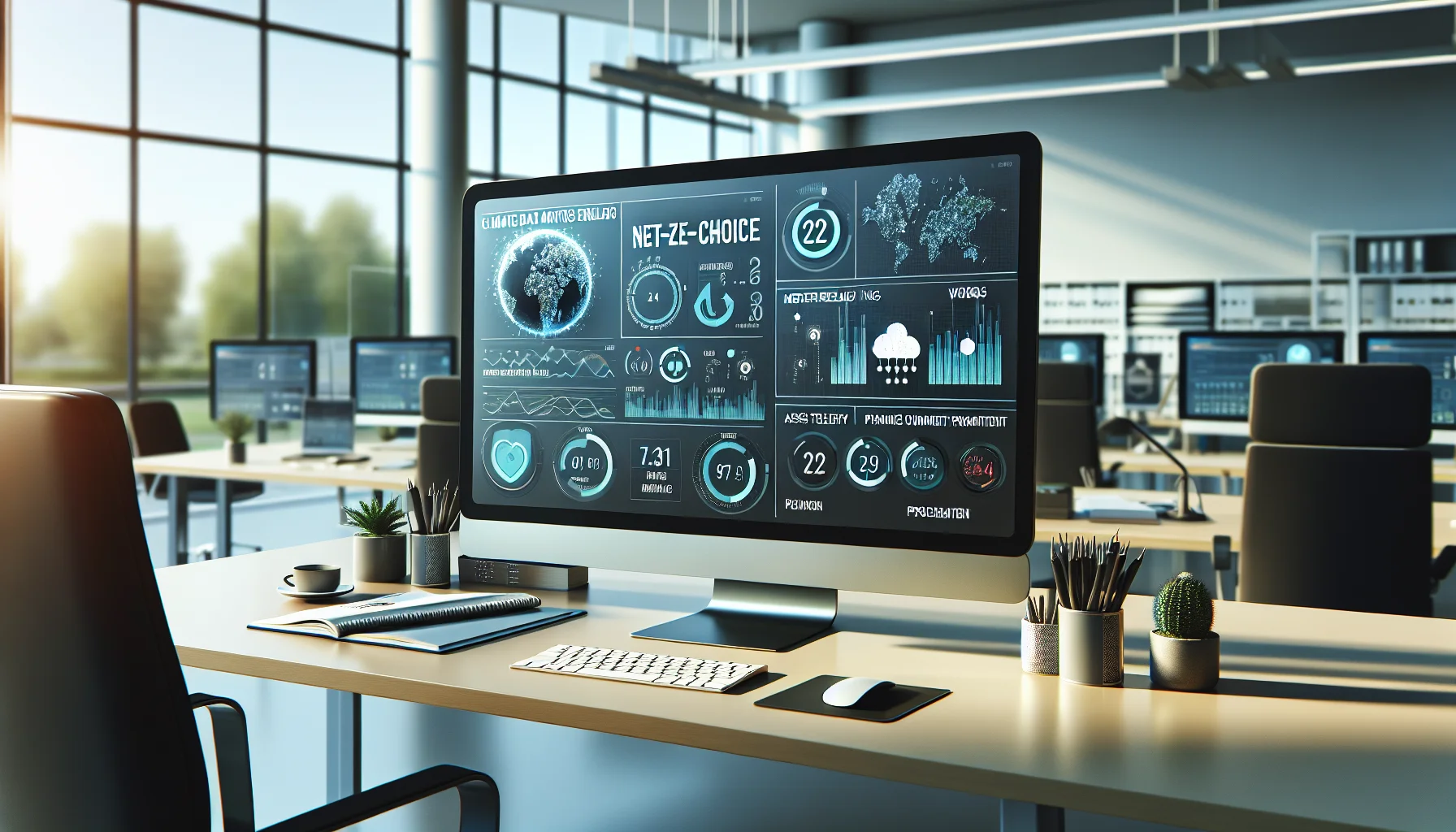 Analyst reviewing climate data analytics dashboard for net-zero planning