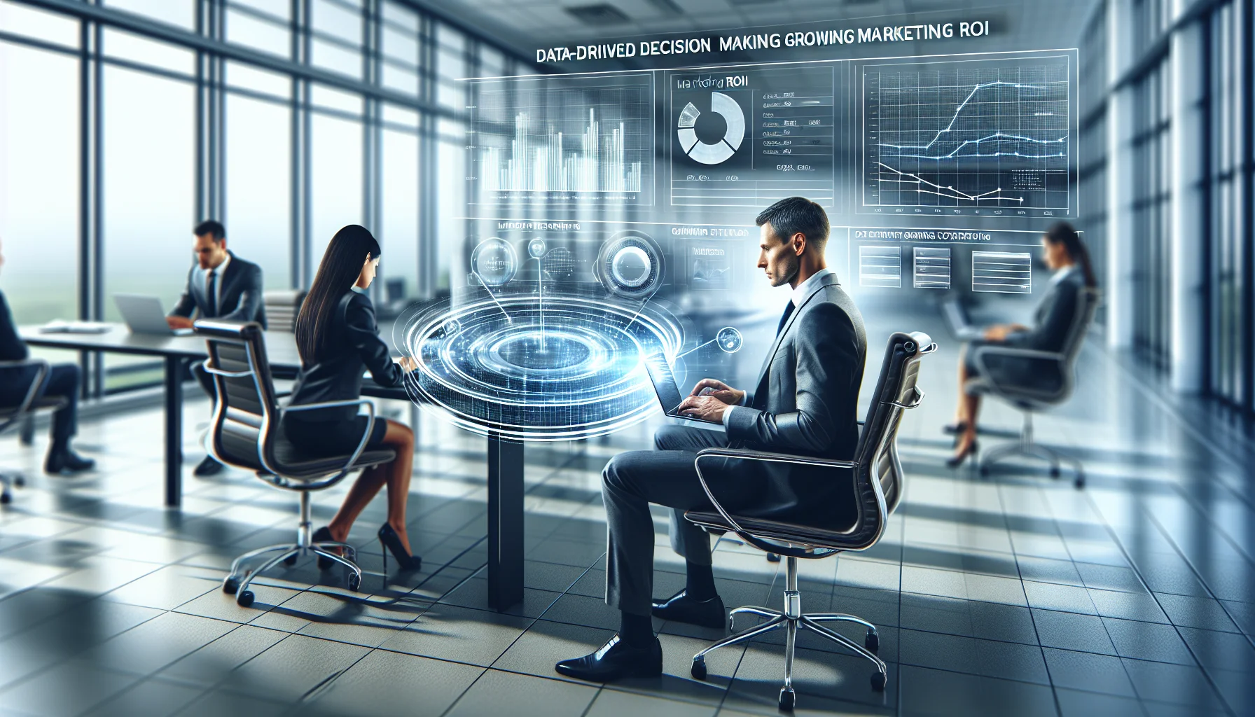 Marketers collaborating over dashboard showing data-driven decision making metrics