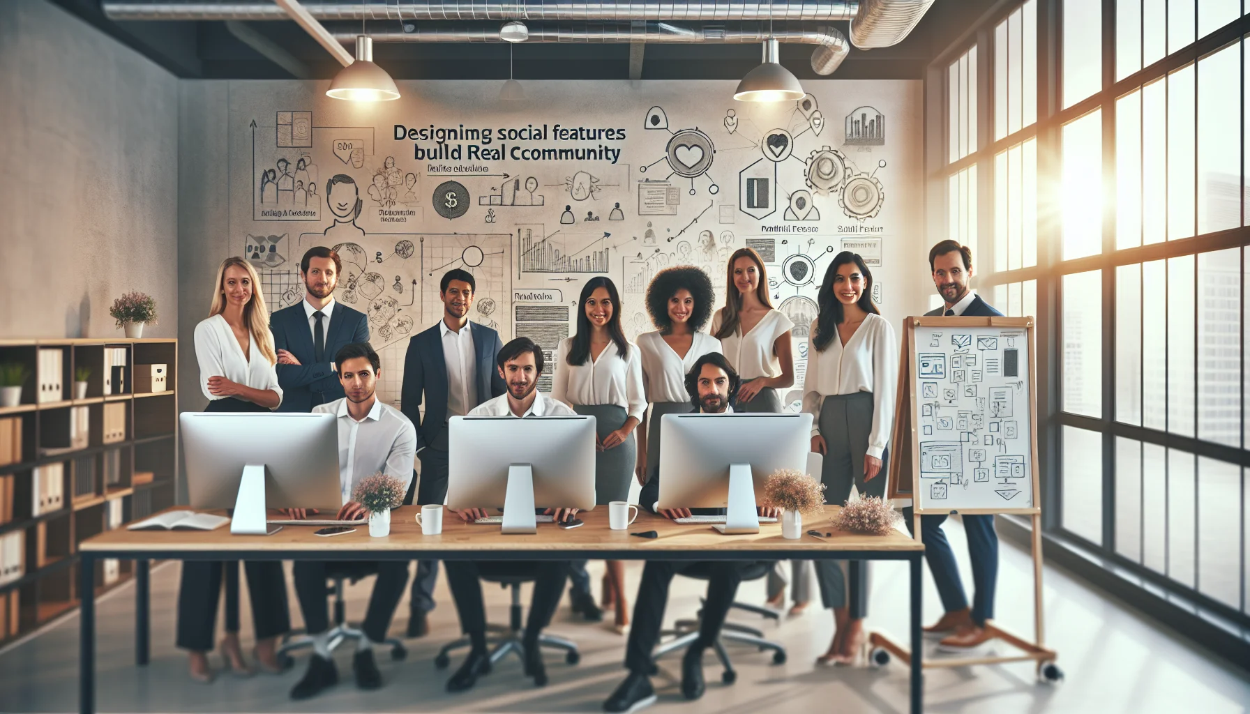 Product team sketching designing social features on whiteboard