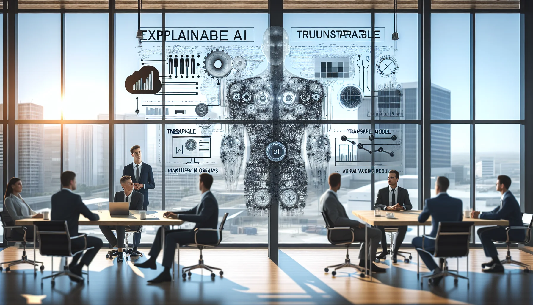 Factory managers reviewing explainable AI workforce analytics dashboard