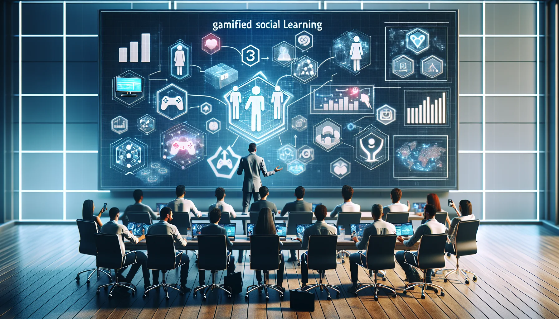 Remote team collaborating around gamified social learning dashboards